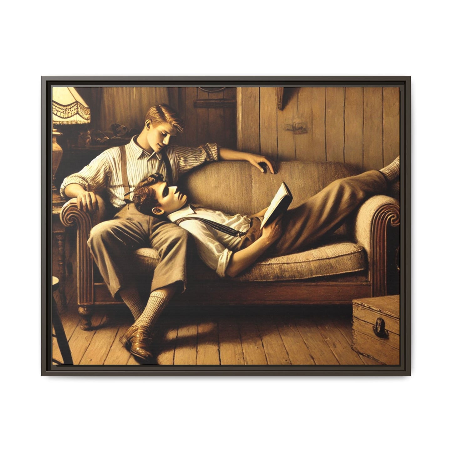 Art of a gay couple sharing an intimate moment on a cozy sofa in a rustic living room, inspired by Grant Wood’s style