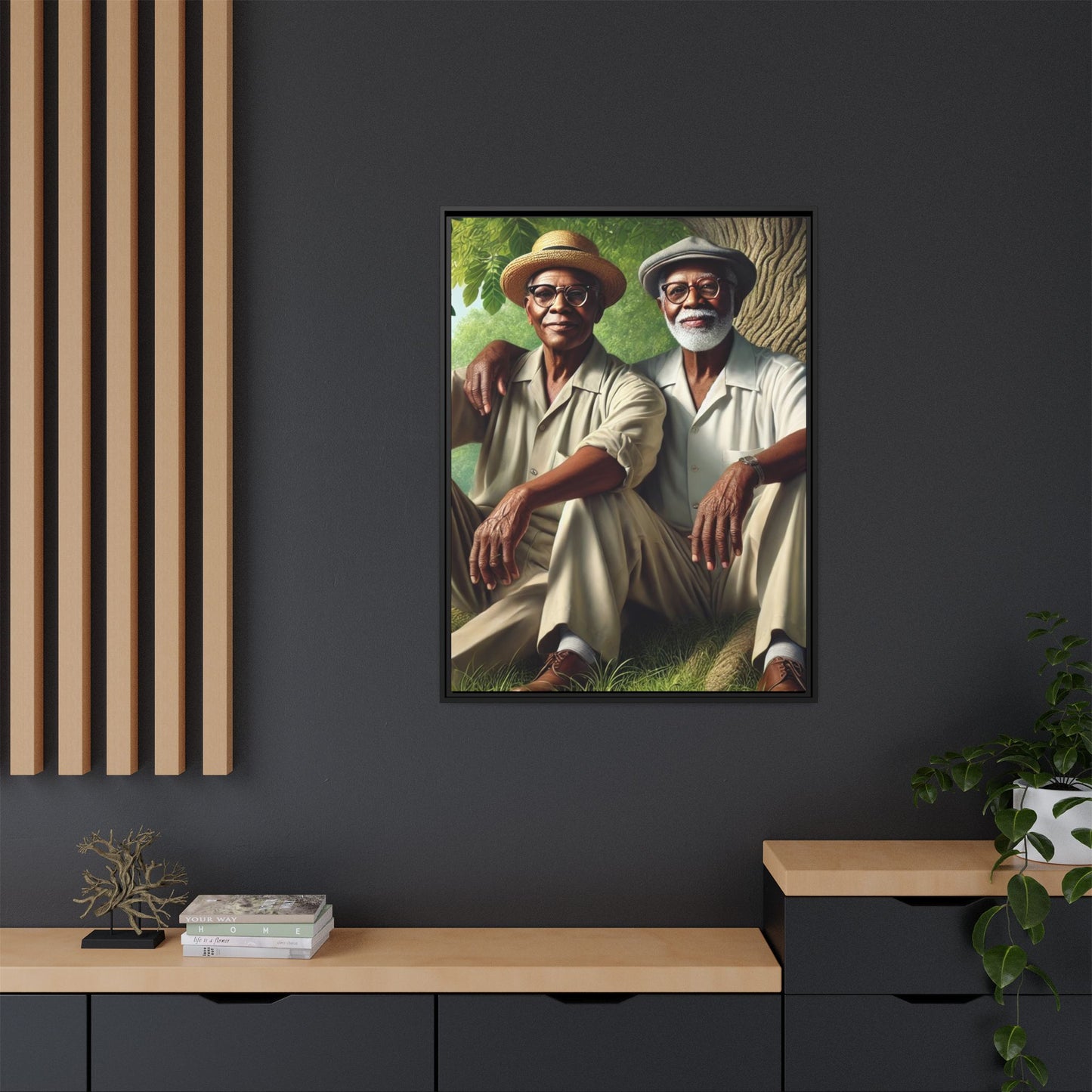 Framed artwork of a gay African-American couple in Cedar Rapids, Iowa, 1930s, celebrating love and resilience.