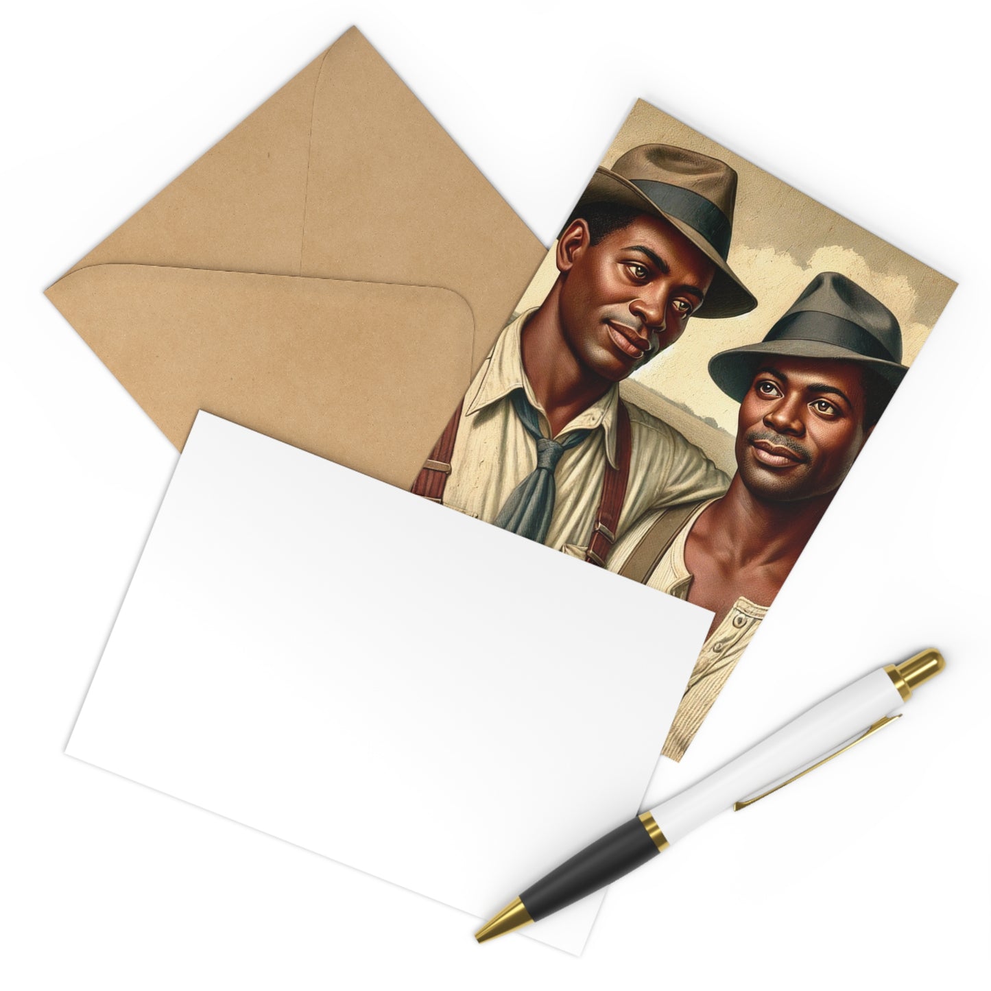 Heartwarming postcard set featuring an African-American couple in a serene rural landscape, celebrating love and history.