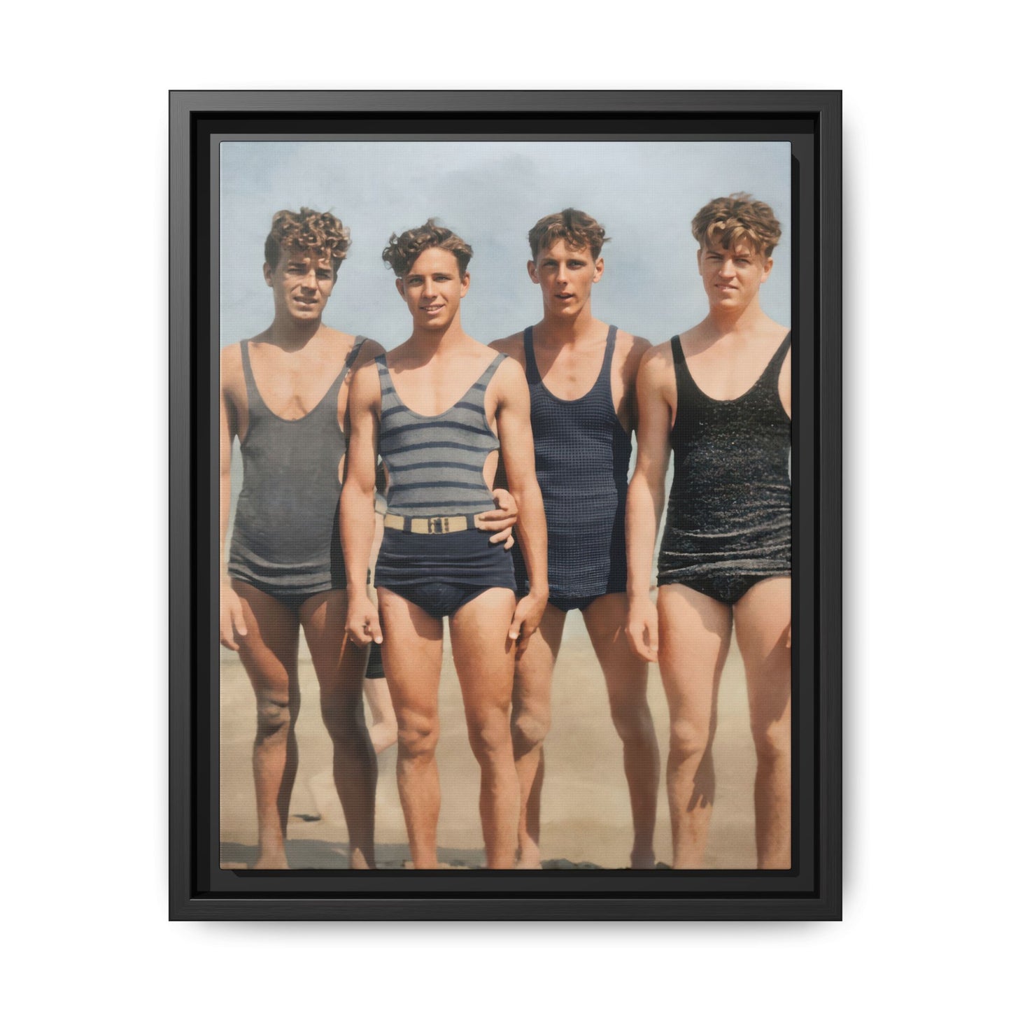 Four men in vintage swimwear standing outdoors early 20th century 
