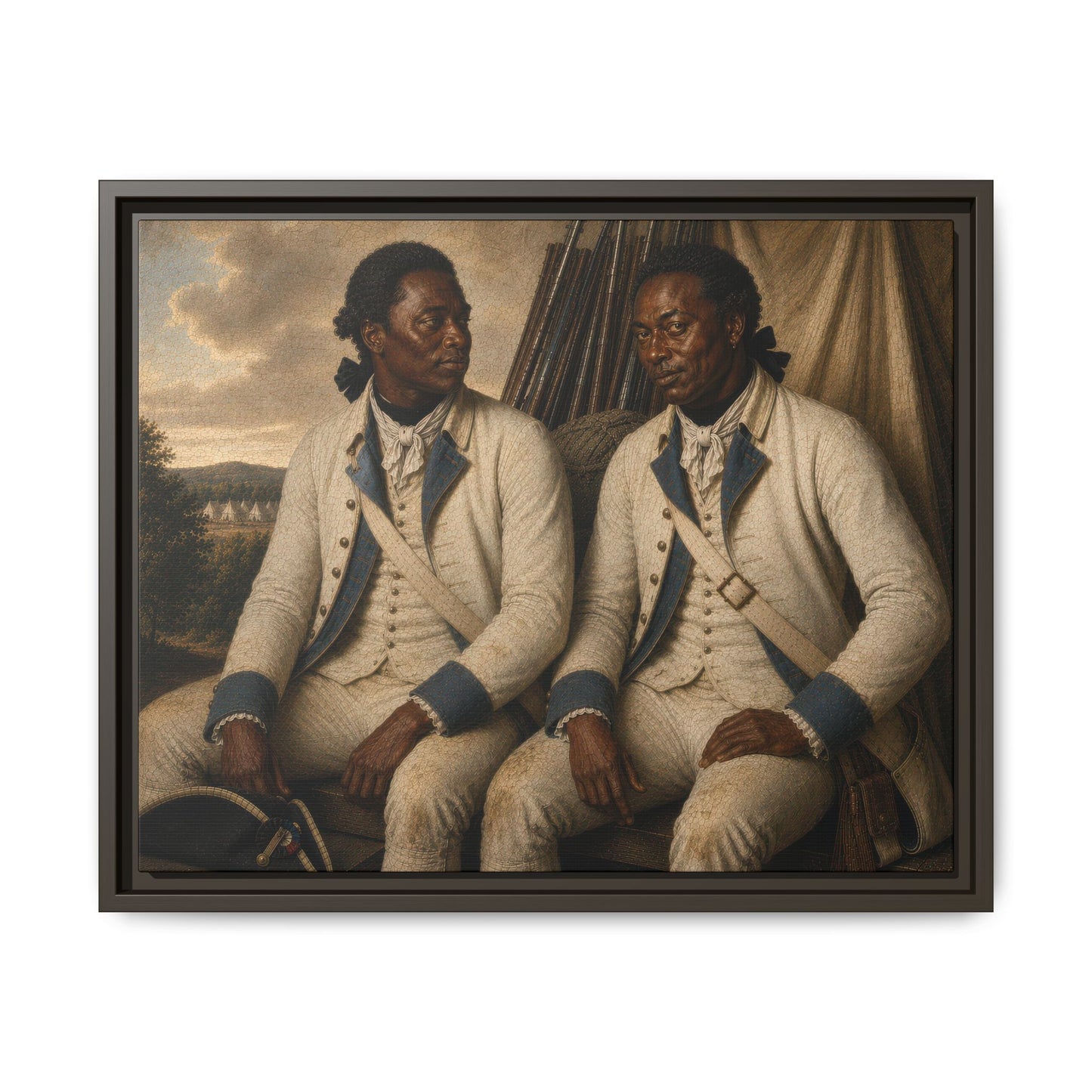 Two Black soldiers of the French Expédition Particulière seated within a Revolutionary War encampment in a museum-inspired historical portrait.