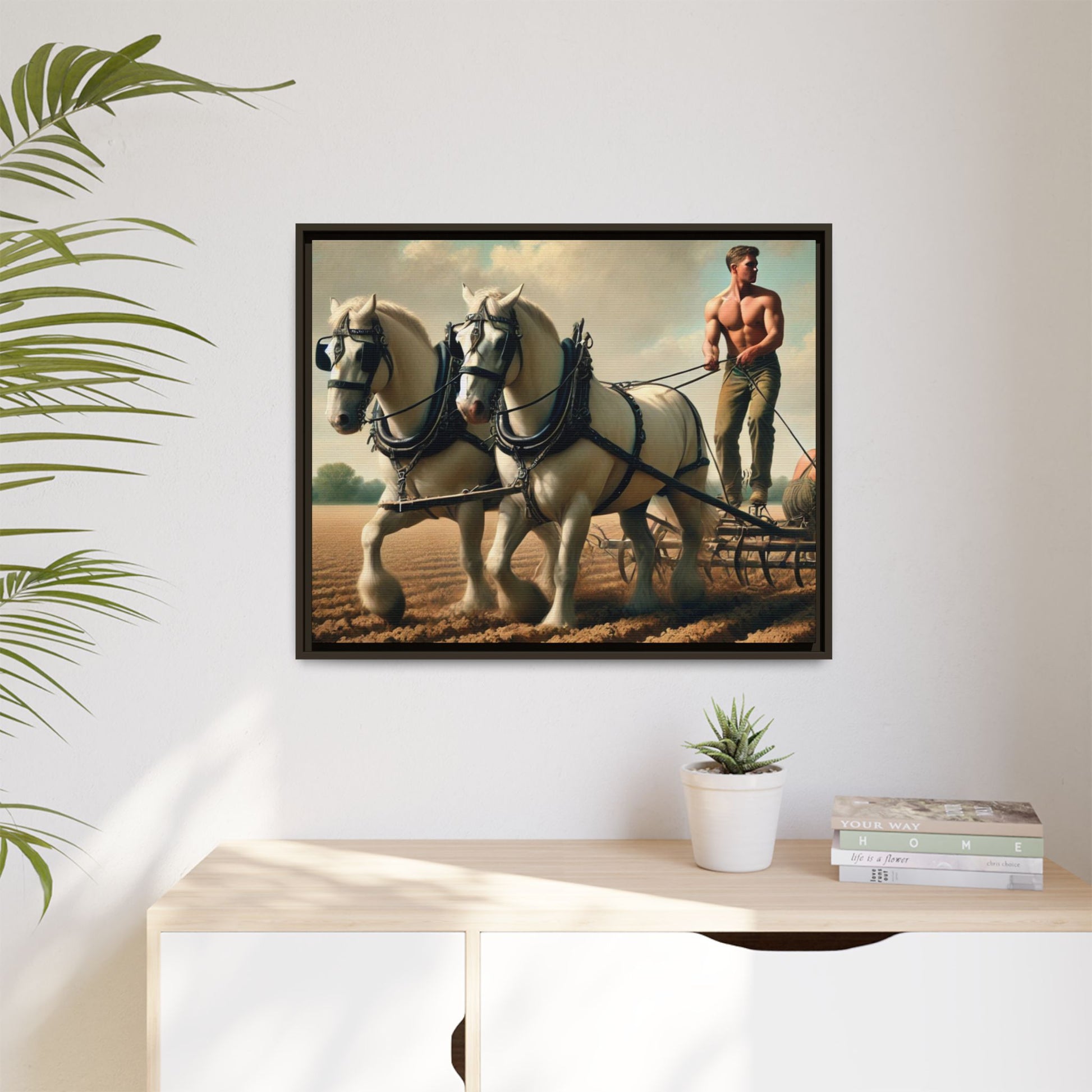 Vintage-style artwork of a shirtless man plowing a field with white horses, celebrating rural life and resilience.