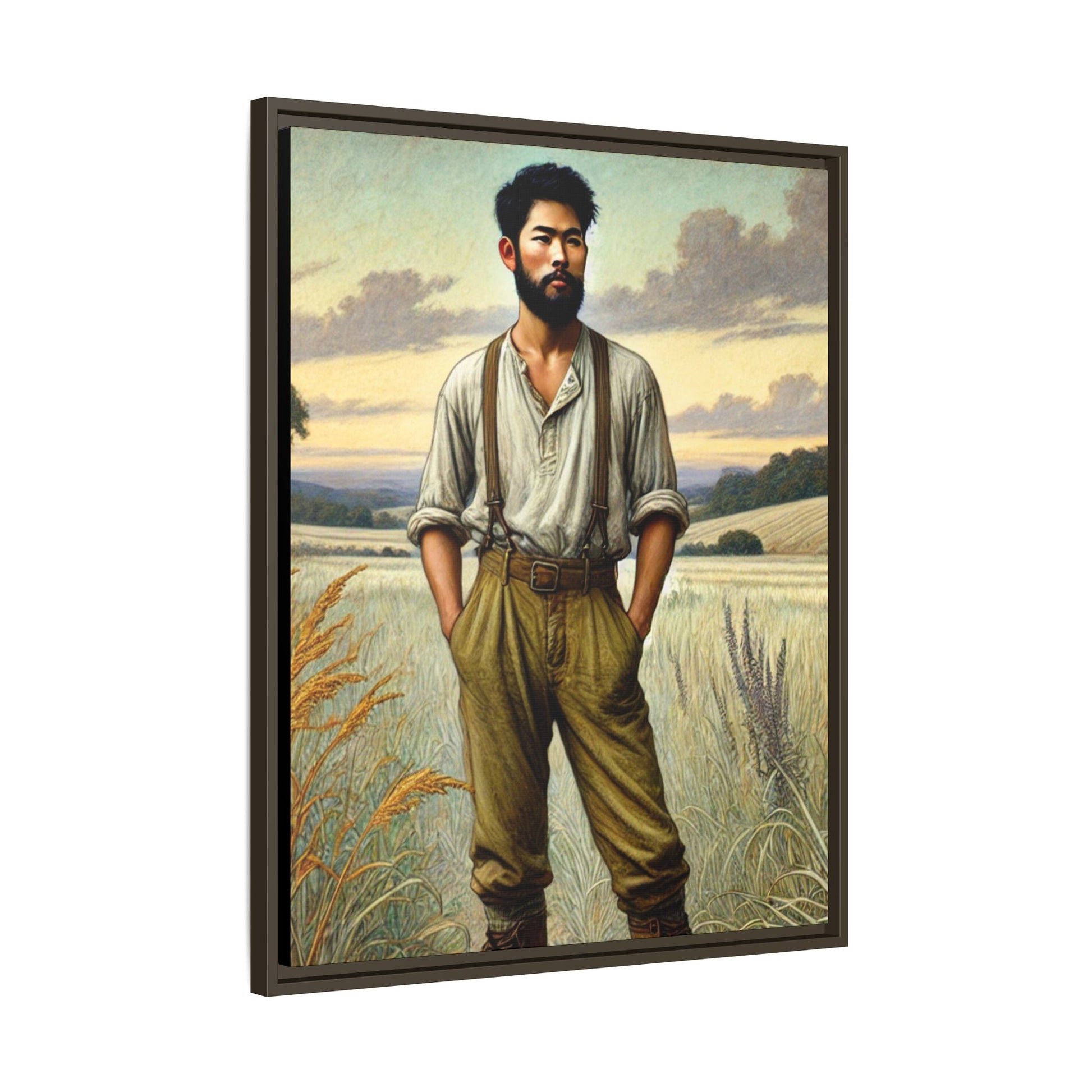 Framed artwork of an Asian-American farmer in 19th-century attire, inspired by Walt Whitman’s Leaves of Grass and Song of Myself, set against a serene rural backdrop of golden wheat fields and rolling hills.