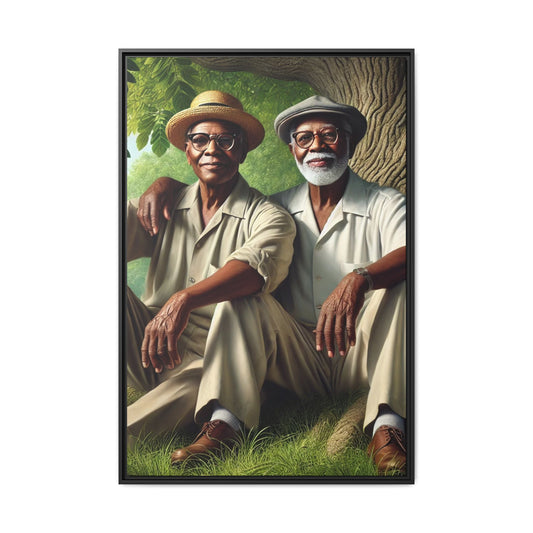 Framed artwork of a gay African-American couple in Cedar Rapids, Iowa, 1930s, celebrating love and resilience.