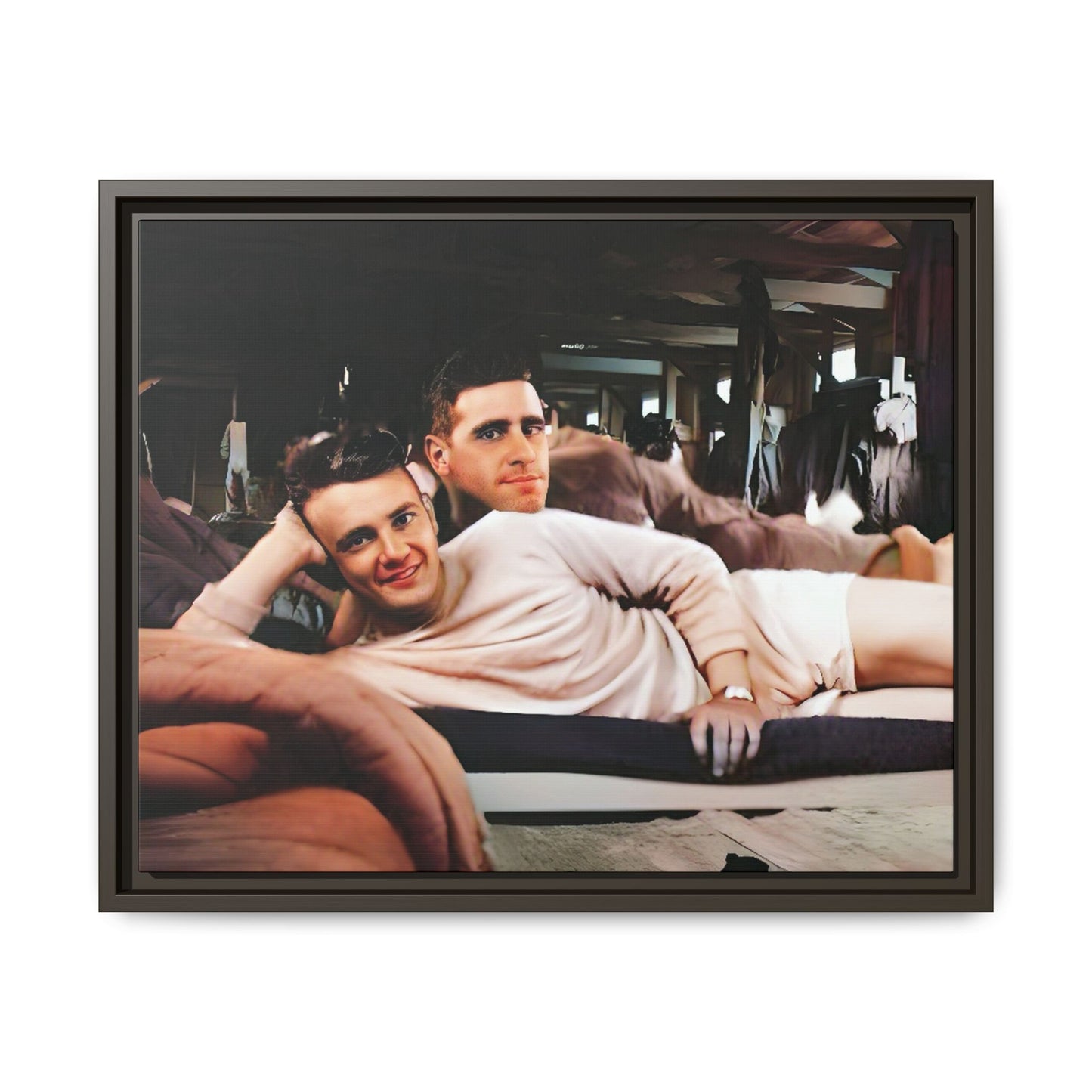 Restored 1940s photo of Jules & Seymour, a gay couple lounging together at Camp Campbell KY, framed matte canvas art.