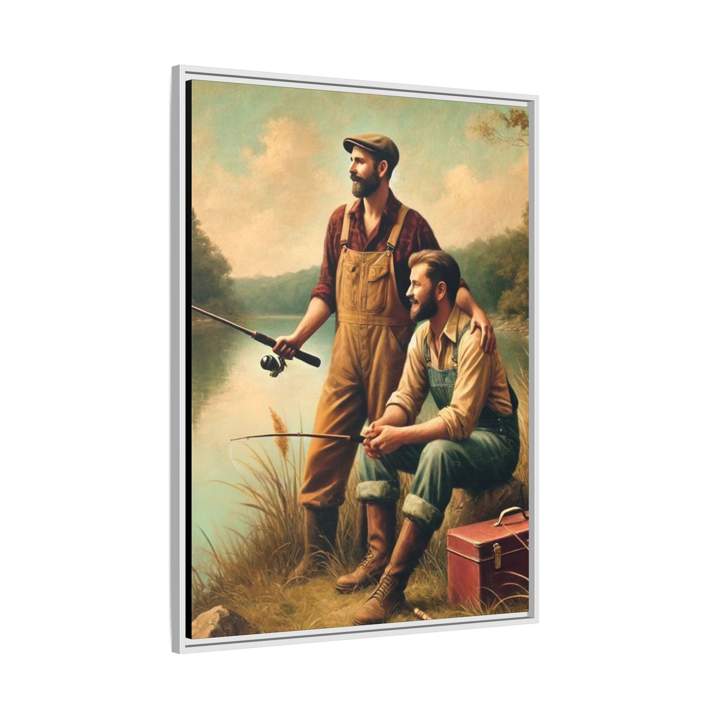 Vintage-style artwork of a gay couple fishing at a serene lakeside in the 1930s, celebrating love and rural life