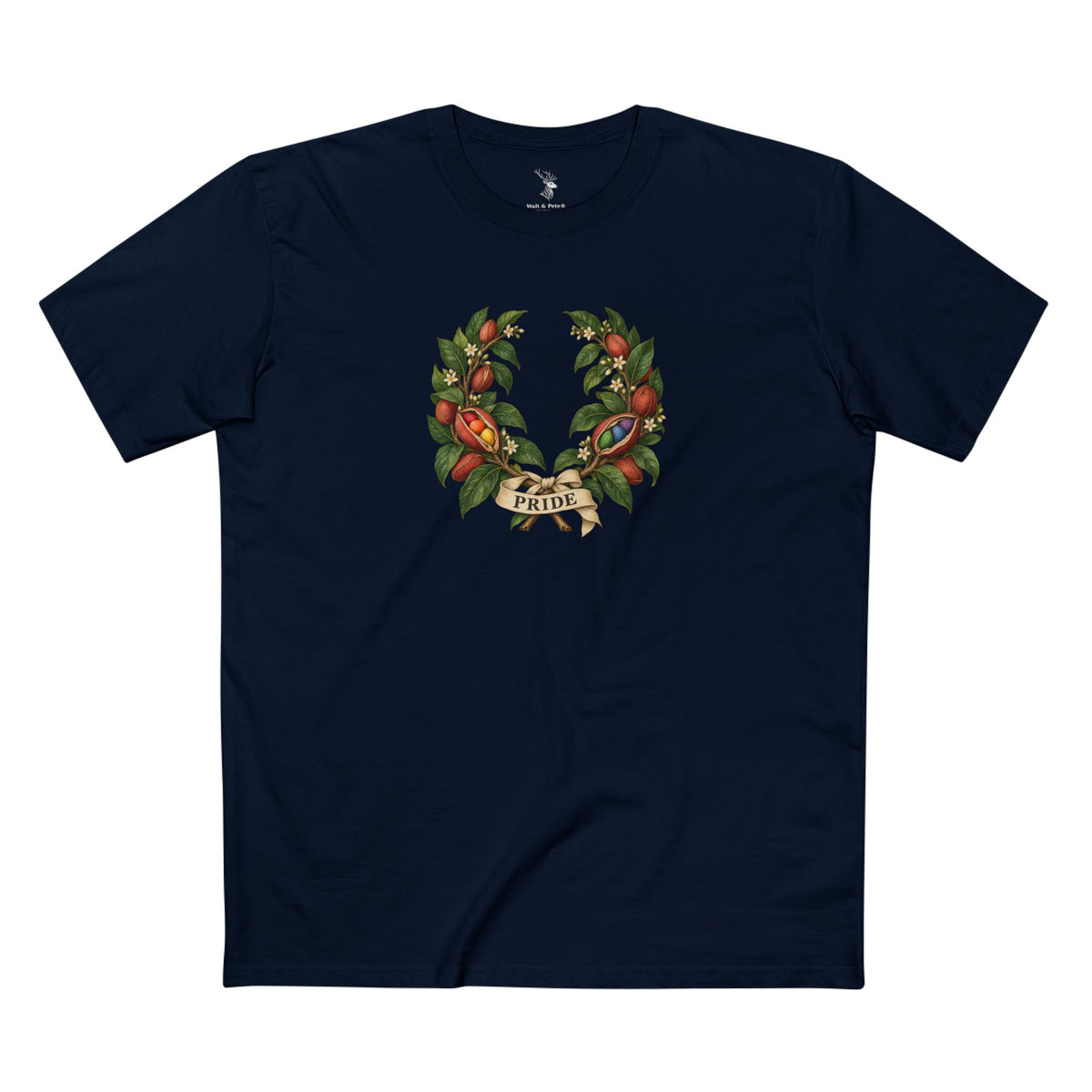 Front view of a T-shirt featuring a Sierra Leonean kola wreath with rainbow seeds and an ivory PRIDE ribbon.