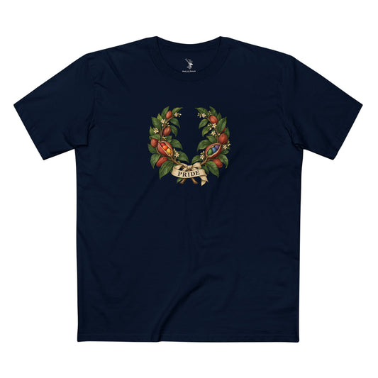 Front view of a T-shirt featuring a Sierra Leonean kola wreath with rainbow seeds and an ivory PRIDE ribbon.