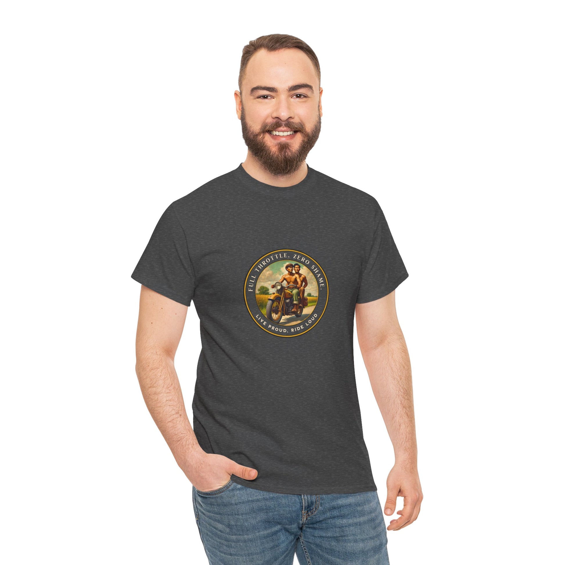  Vintage-inspired LGBTQ+ pride t-shirt featuring a 1930s-style image of two shirtless Asian men riding a motorcycle. With affirmations like “Full Throttle. Zero Shame” and “Live Proud. Ride Loud,” this tee honors queer freedom, Asian pride, and bold love.