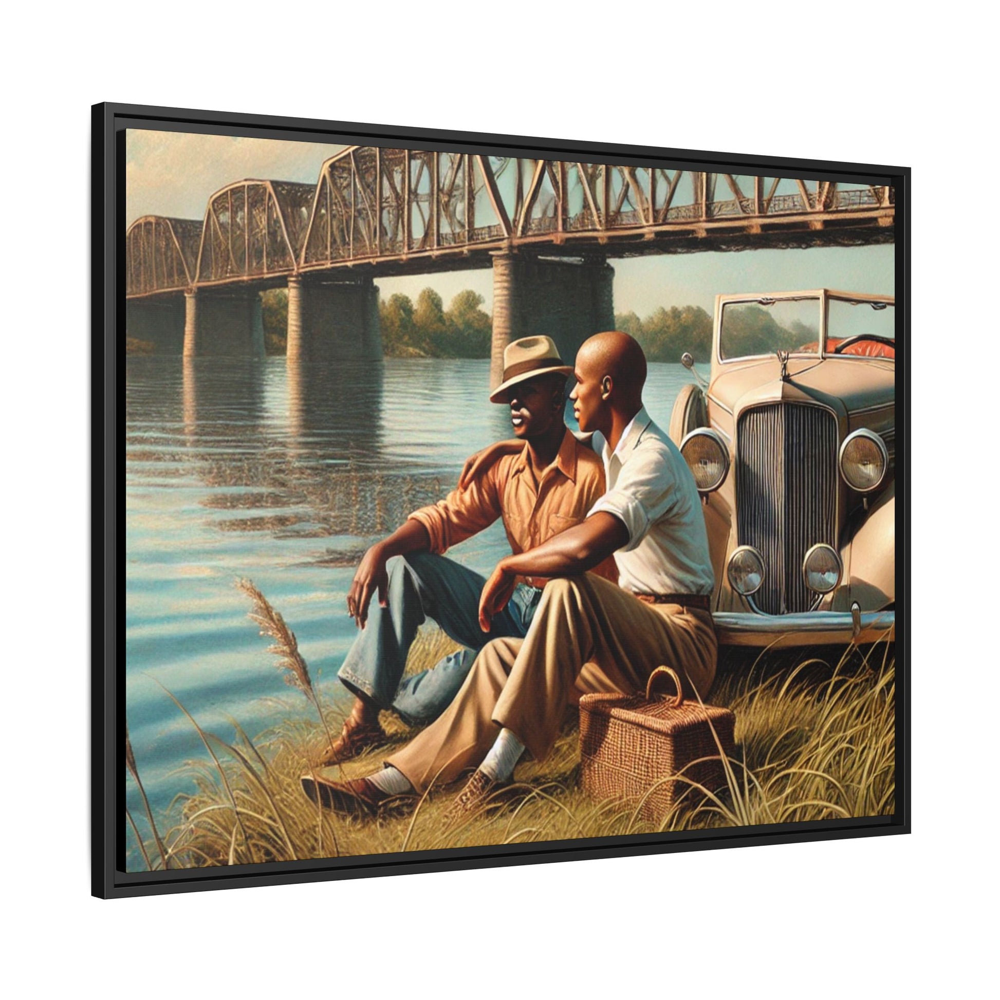 Vintage-style painting of an African-American gay couple in the 1930s by the Mississippi River with a Packard car, celebrating love and resilience.