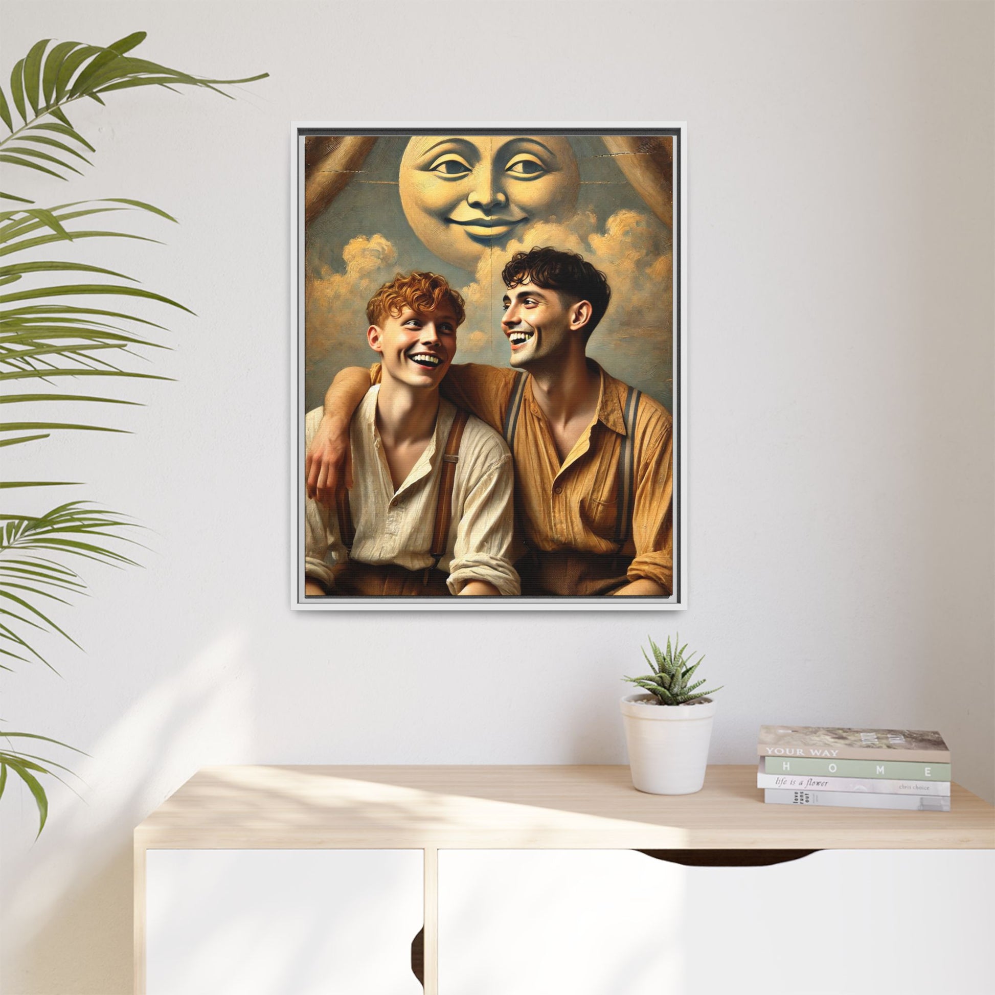 Queer artwork of two joyful young men dressed in vintage clothing with rolled sleeves and suspenders, laughing under a large moon prop in a dreamy studio scene. A celebration of love and resilience reclaimed from forgotten queer histories.