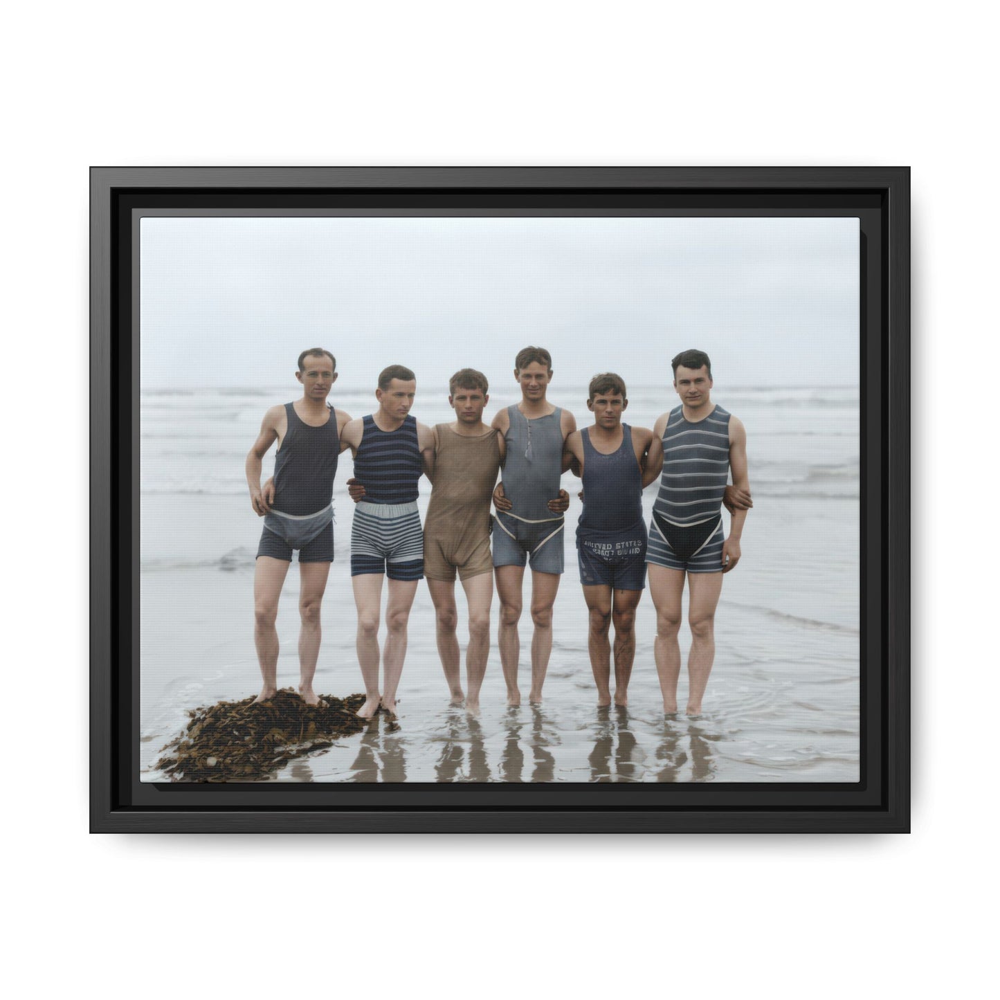 group standing in water vintage photograph restored coastal scene 