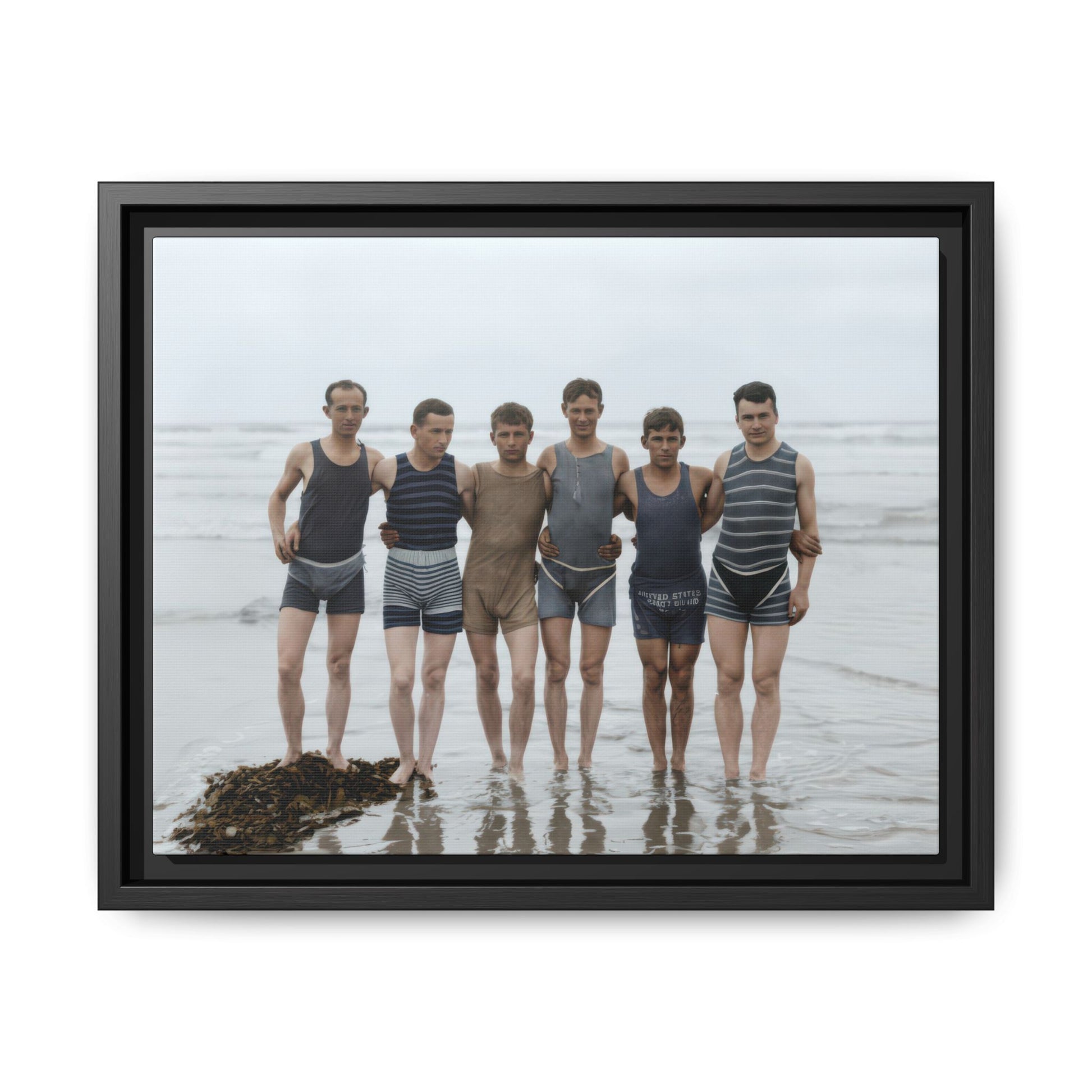 group standing in water vintage photograph restored coastal scene 