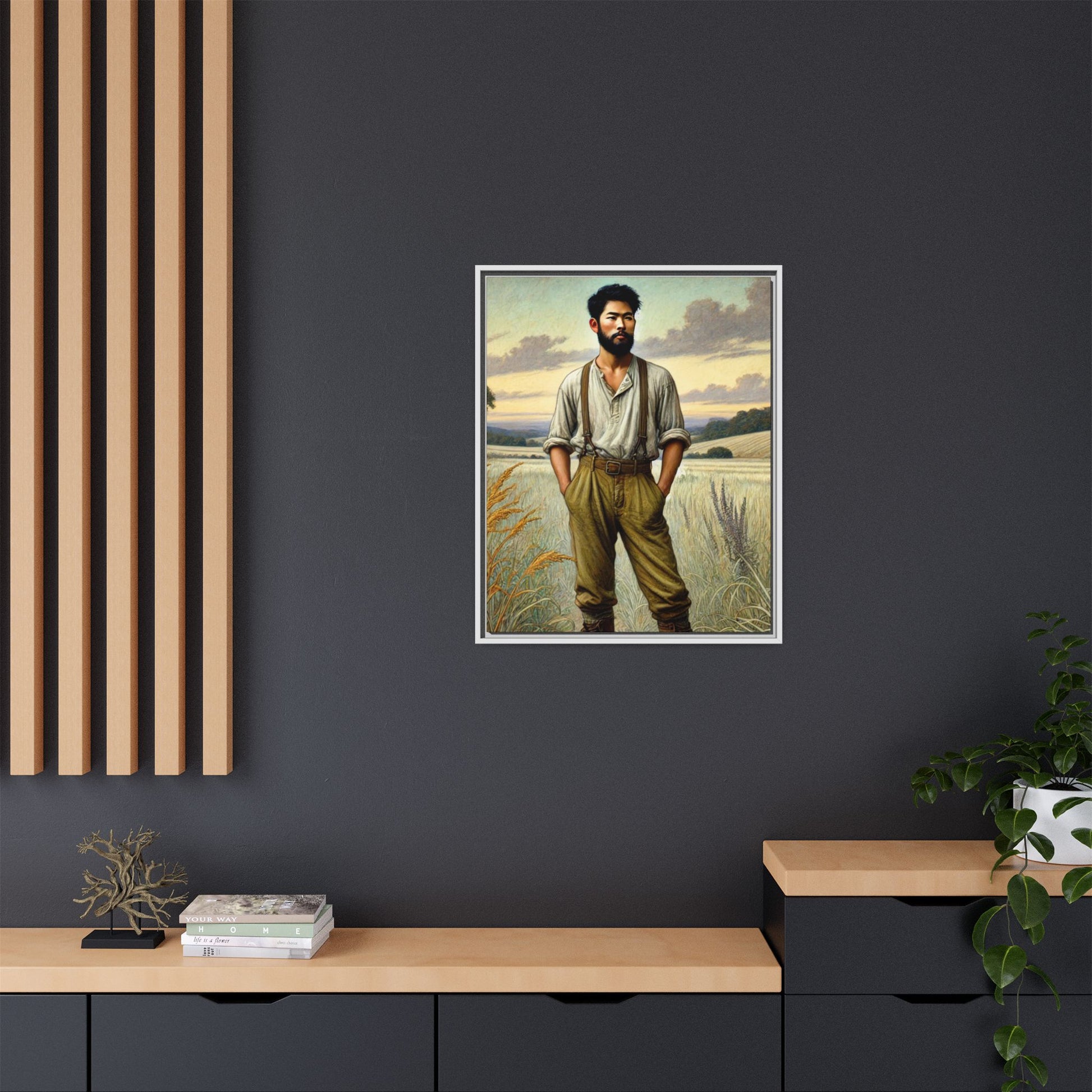 Framed artwork of an Asian-American farmer in 19th-century attire, inspired by Walt Whitman’s Leaves of Grass and Song of Myself, set against a serene rural backdrop of golden wheat fields and rolling hills.