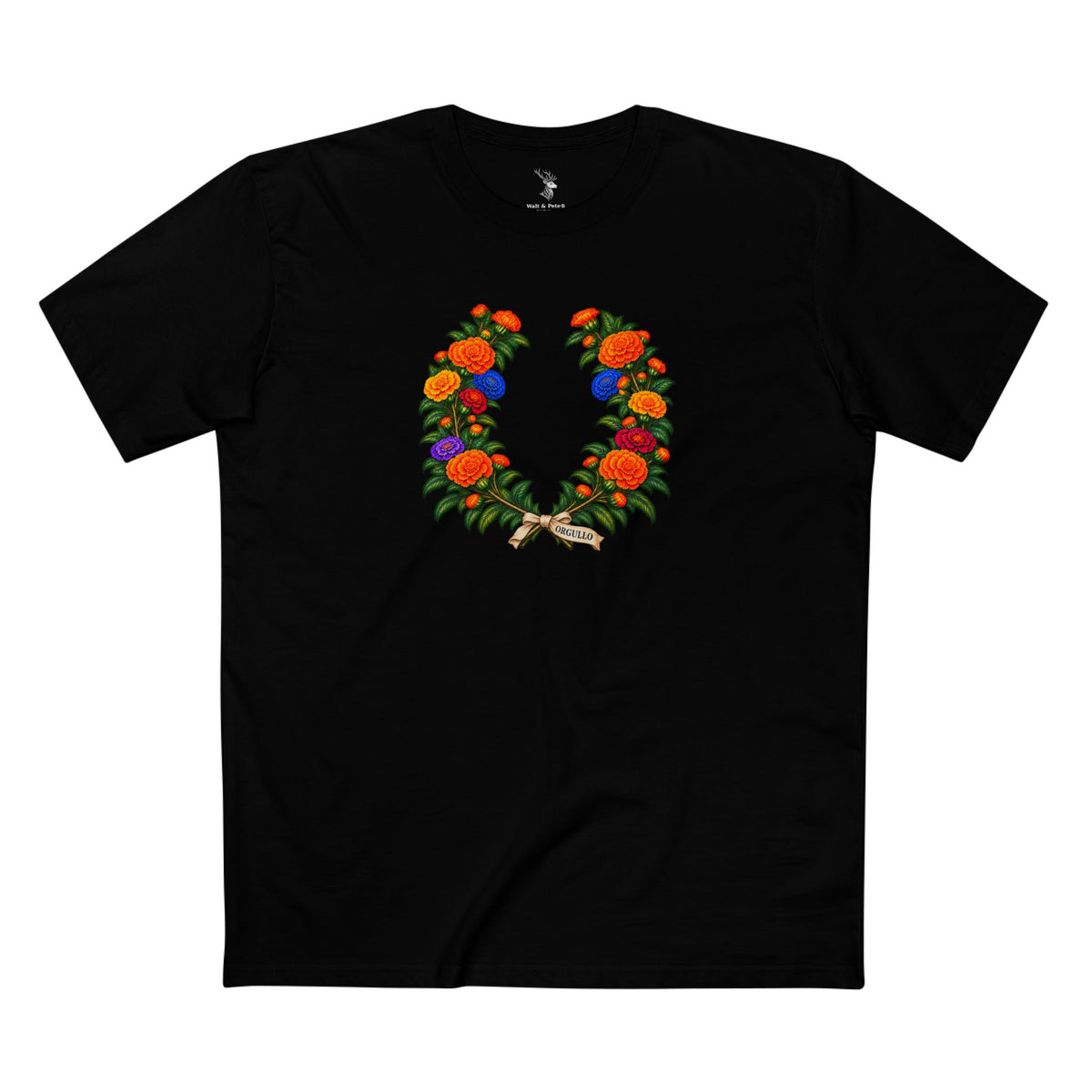 Mexican Cempasúchil Orgullo T-Shirt | Floral LGBTQ+ Pride Laurel Wreath Tee