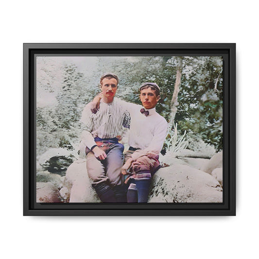 A framed vintage love portrait on matte canvas featuring Grover and Emil in Villamont, Virginia, capturing timeless LGBTQ+ connection and companionship. Gay Couple