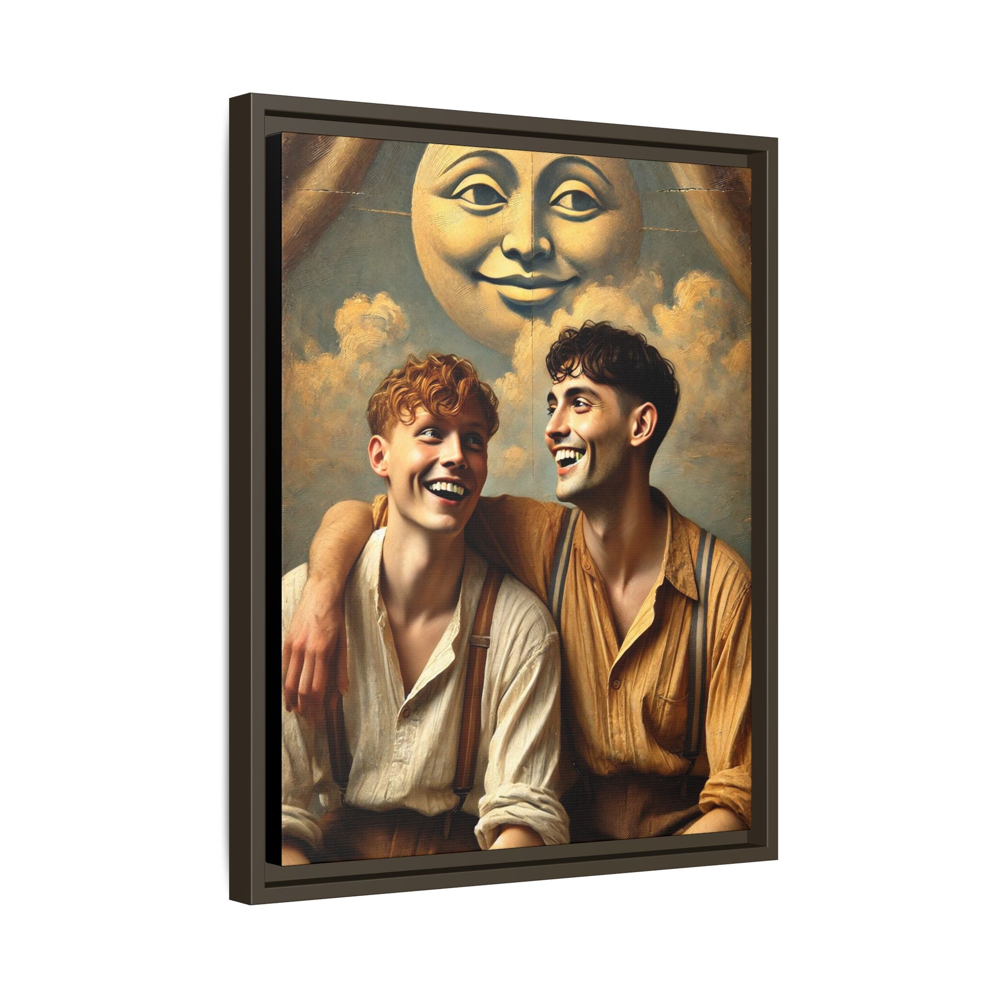 Queer artwork of two joyful young men dressed in vintage clothing with rolled sleeves and suspenders, laughing under a large moon prop in a dreamy studio scene. A celebration of love and resilience reclaimed from forgotten queer histories.