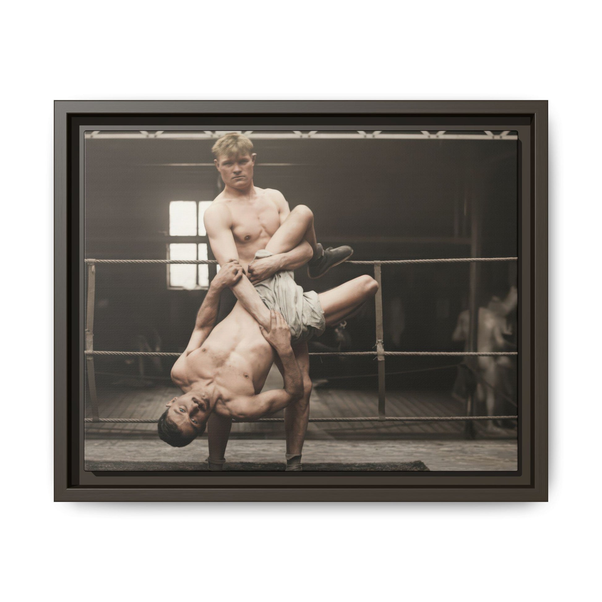 Historical athletic photograph reproduced as archival canvas wall art with two wrestlers in motion 