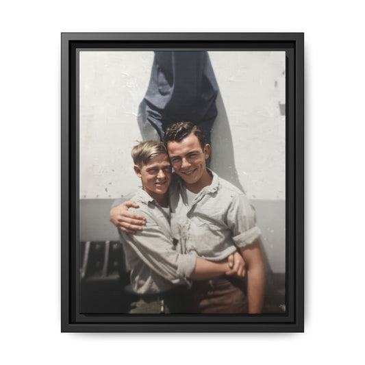 vintage photograph of two men embracing in an outdoor setting