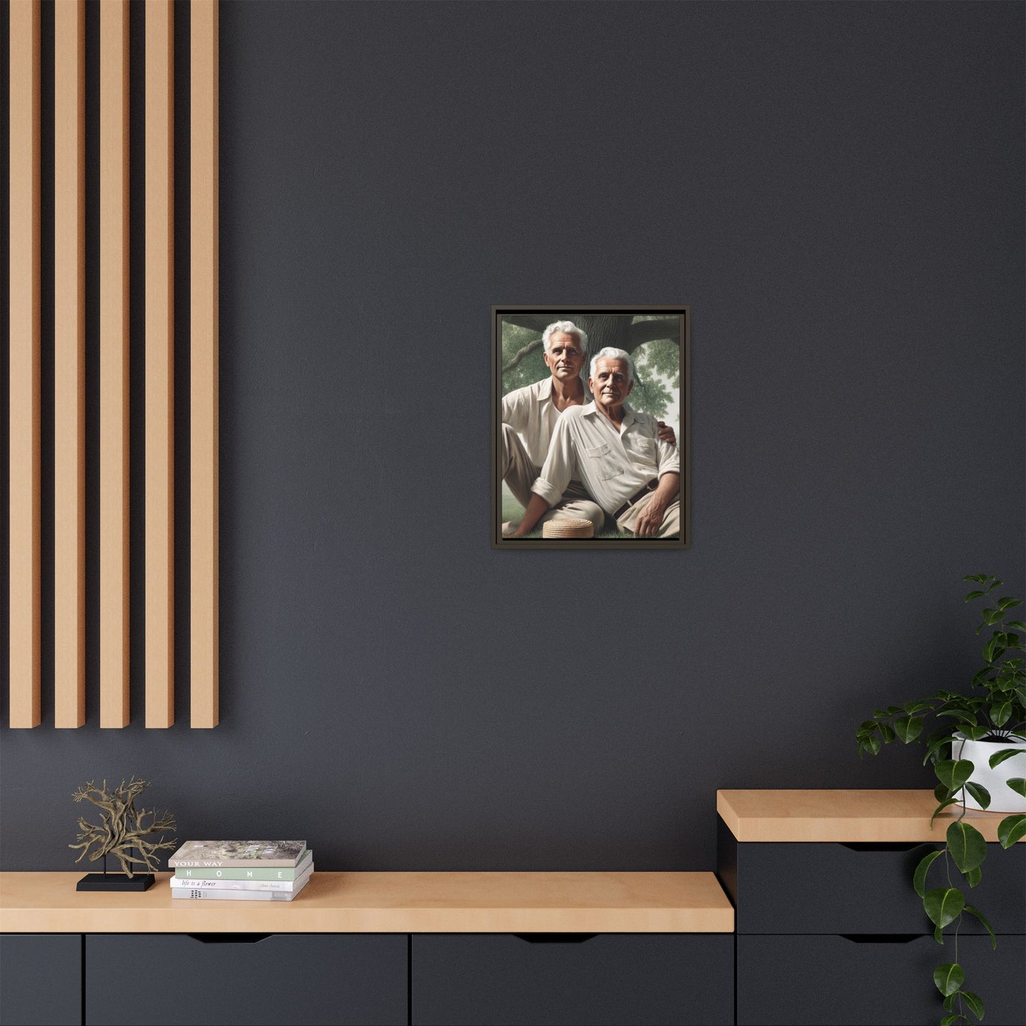 Hyper-realistic painting of an elderly gay couple in 1930s vintage attire under a leafy tree, celebrating love and resilience.