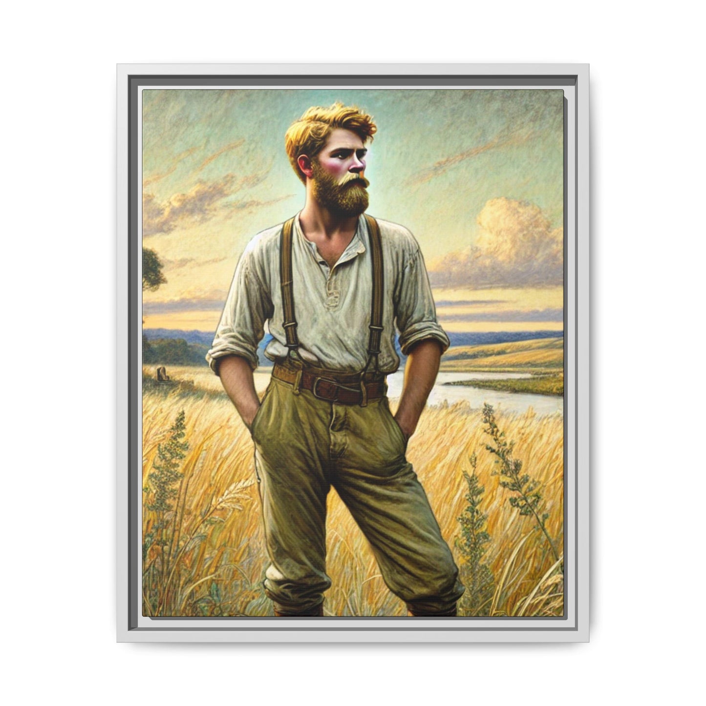 Framed artwork of a confident farmer in 19th-century attire, standing in a golden wheat field, inspired by Walt Whitman’s Song of Myself in Leaves of Grass.