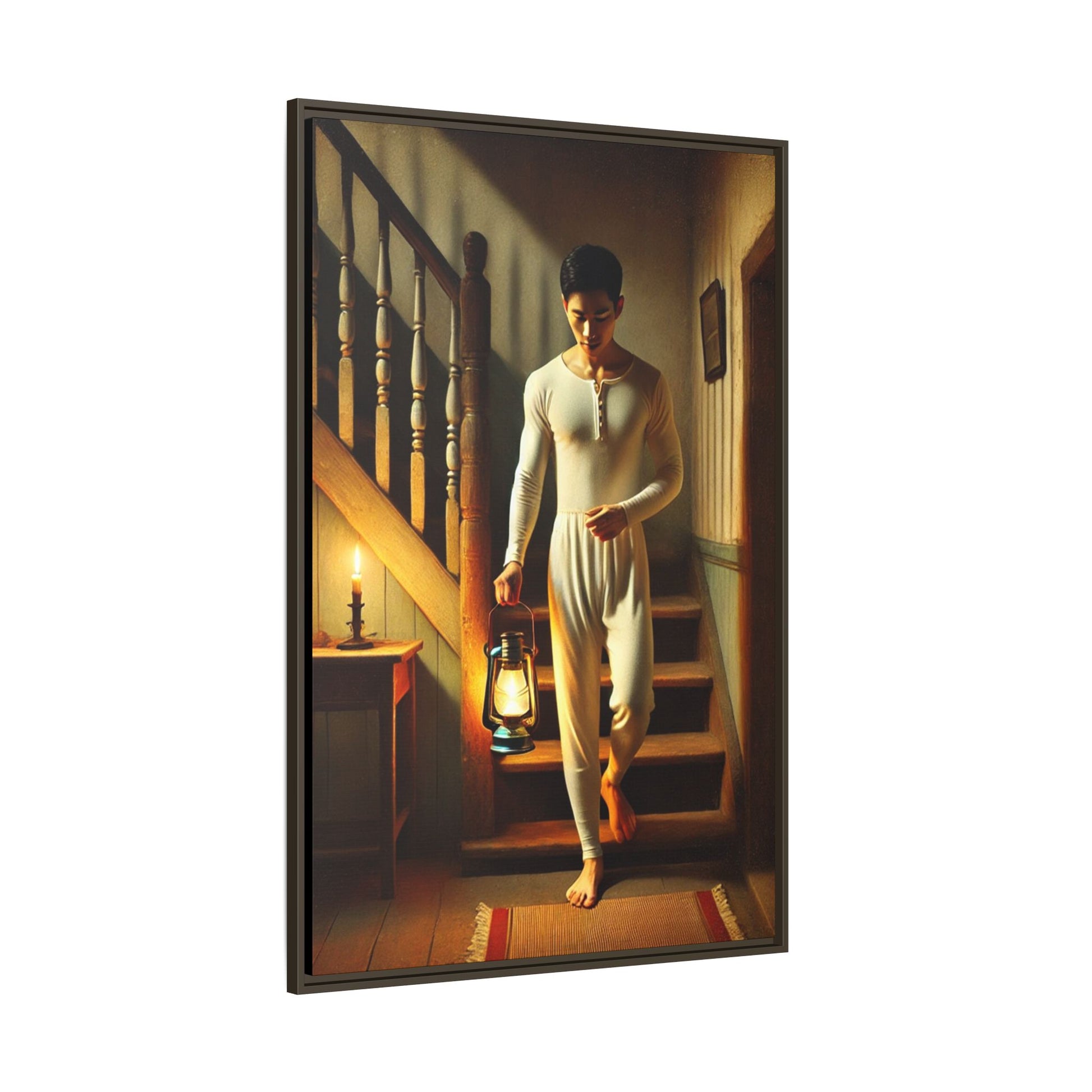 Framed artwork of an Asian-American man wearing long johns underwear holding a lantern on a staircase, inspired by Grant Wood’s style.