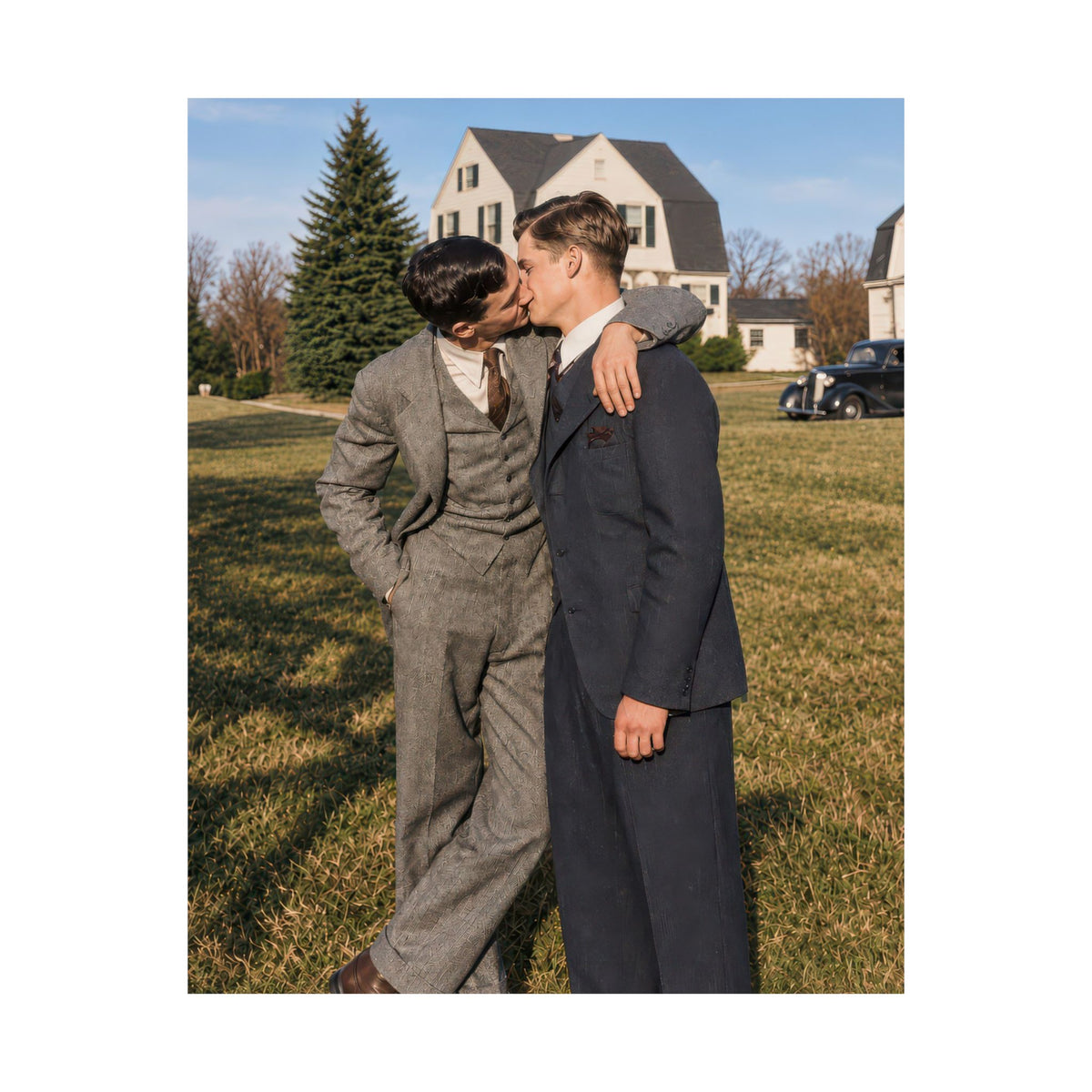 Paire 005 | Two Men Kissing in a Residential Yard | Vintage Photography Poster