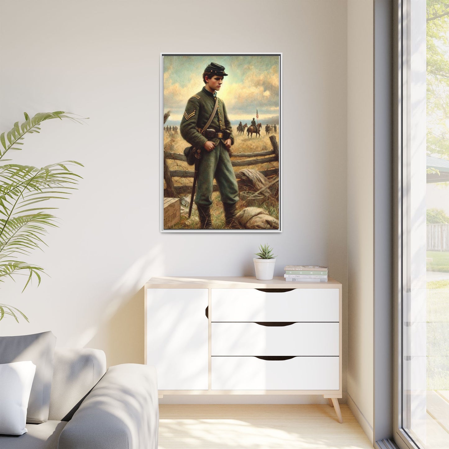 Framed artwork of a young Civil War Union soldier inspired by Walt Whitman’s Drum-Taps poems and Grant Wood's style, depicting battlefield sacrifice, humanity, and historical charm.