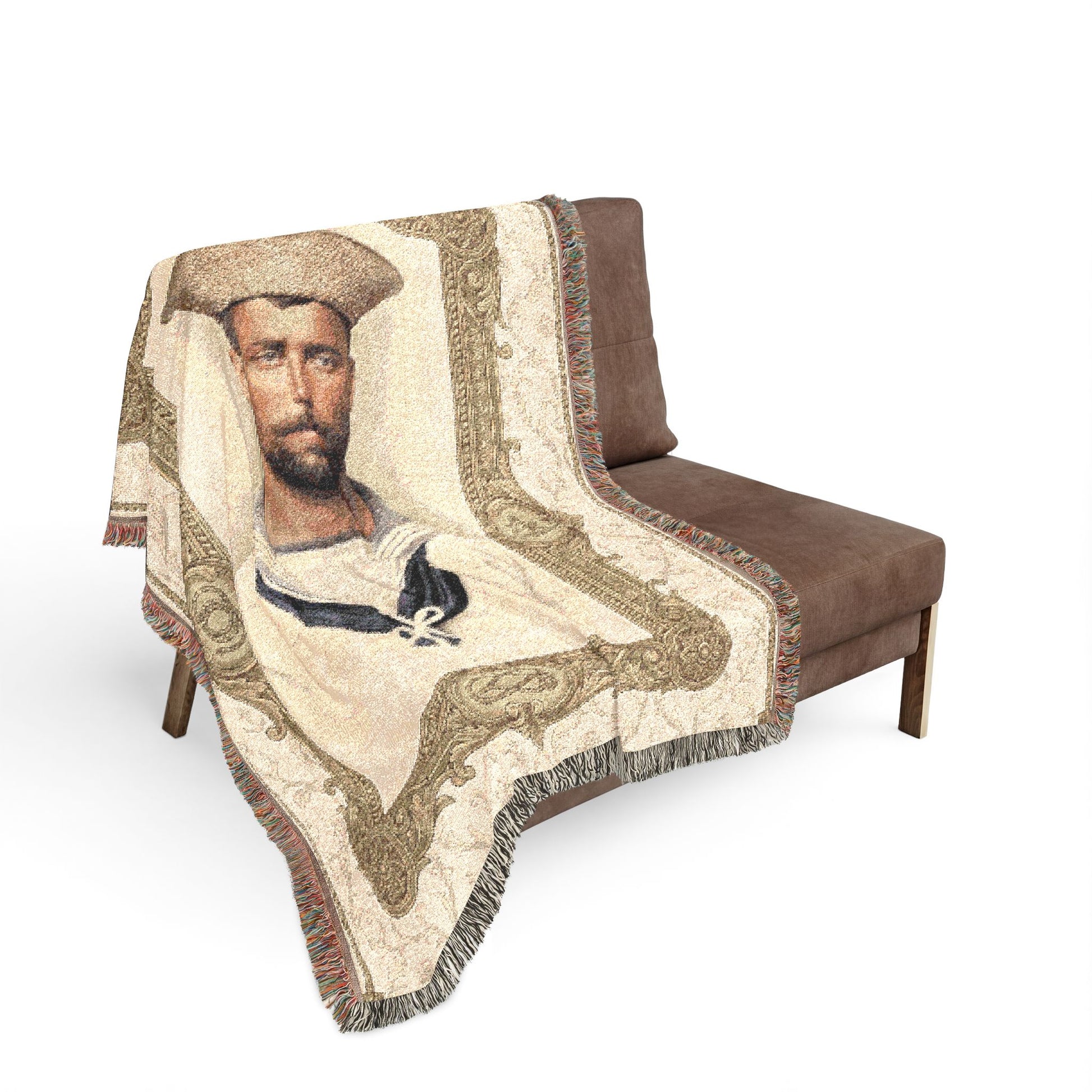 Historical naval studio portrait woven blanket featuring sailor in straw hat