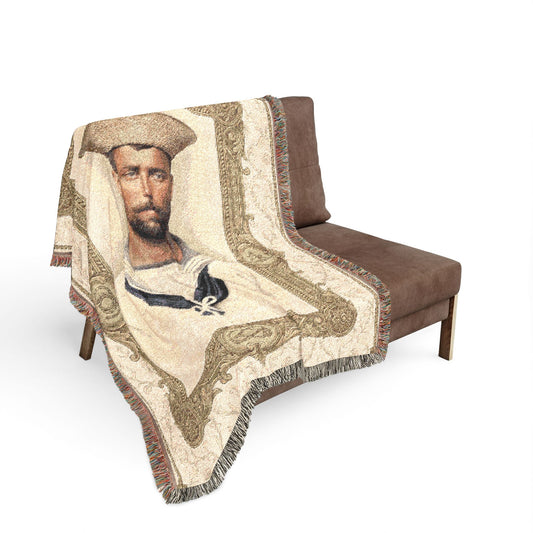 Historical naval studio portrait woven blanket featuring sailor in straw hat