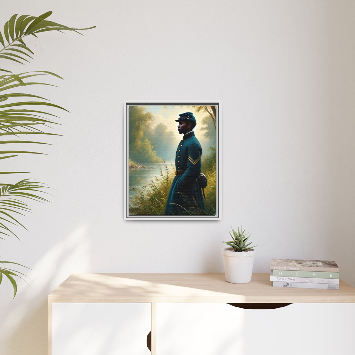 Portrait of an African American Union soldier standing solemnly by a riverside, inspired by Walt Whitman’s Leaves of Grass and Drum-Taps, honoring sacrifice, resilience, and history. Grant Wood Inspired