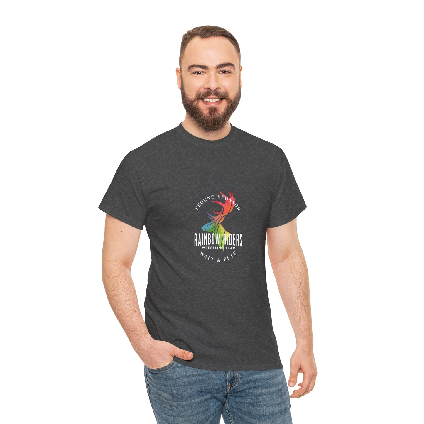 A bold and vibrant t-shirt featuring a majestic rainbow-themed deer/stag with the text 'Proud Sponsor Rainbow Riders Wrestling Team.' This striking design celebrates LGBTQ+ pride, inclusivity, and resilience, perfect for pride events, community gatherings, or showing your support for equality and diversity