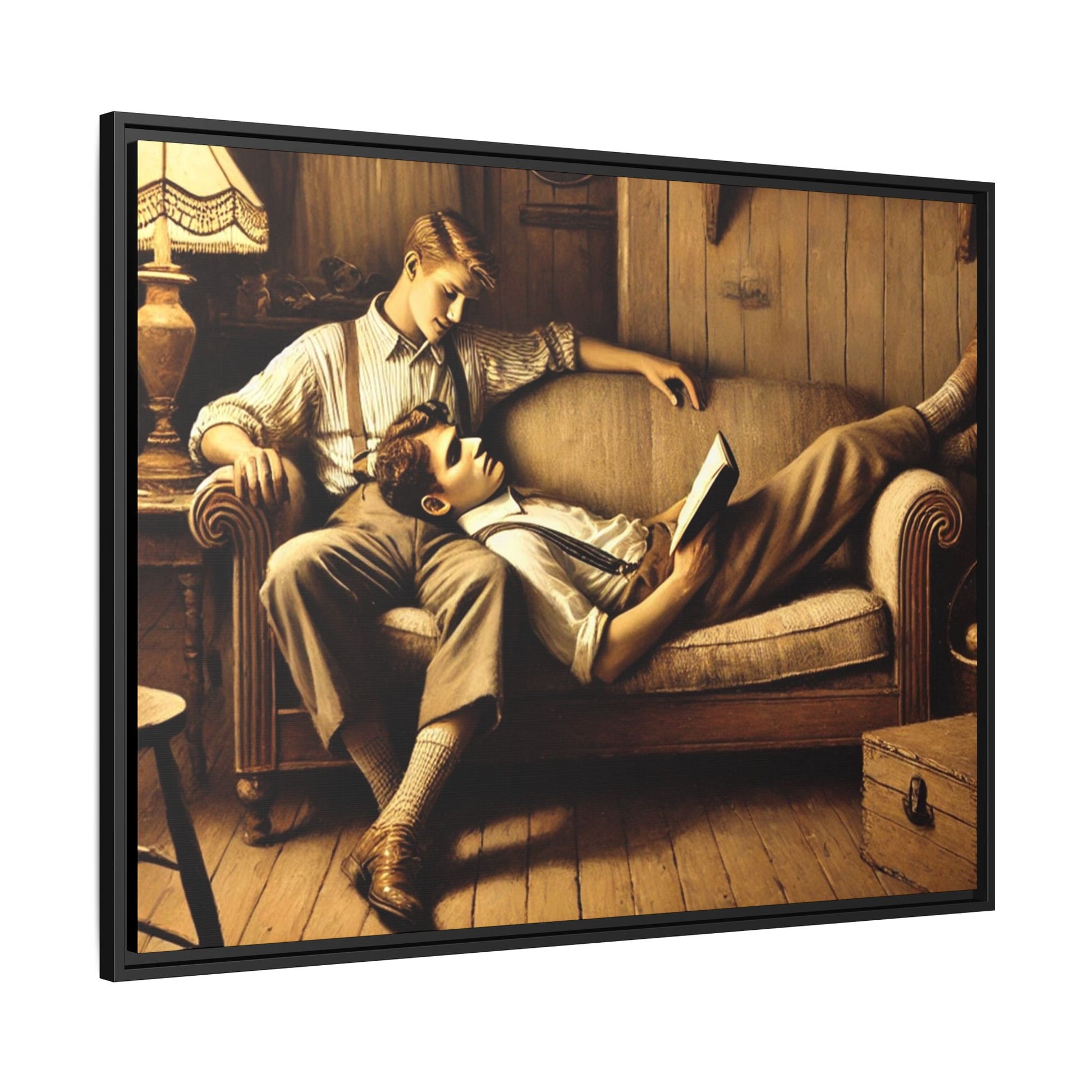 Art of a gay couple sharing an intimate moment on a cozy sofa in a rustic living room, inspired by Grant Wood’s style