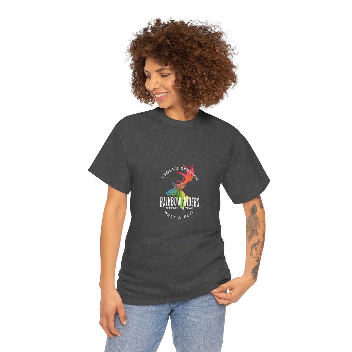 A bold and vibrant t-shirt featuring a majestic rainbow-themed deer/stag with the text 'Proud Sponsor Rainbow Riders Wrestling Team.' This striking design celebrates LGBTQ+ pride, inclusivity, and resilience, perfect for pride events, community gatherings, or showing your support for equality and diversity