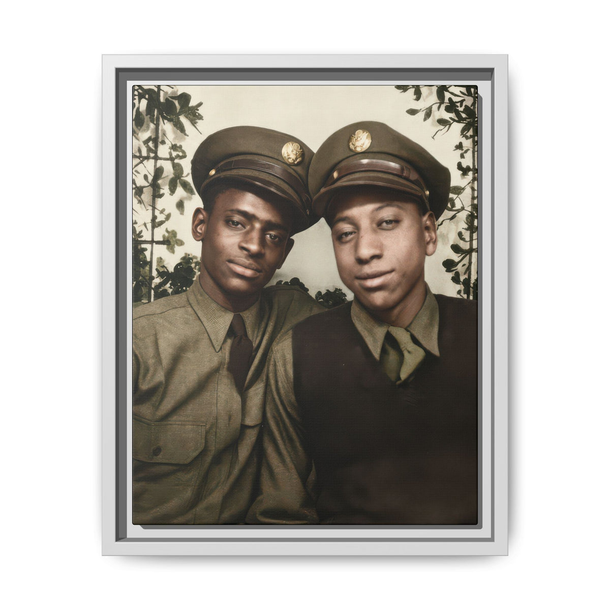 Paire 152 framed matte canvas wall art featuring a restored vintage photograph of two Black men in military-style dress.