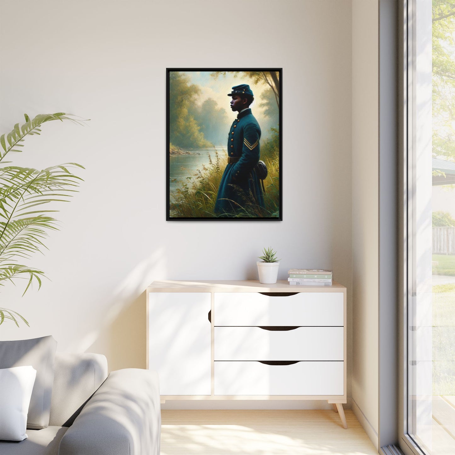 Portrait of an African American Union soldier standing solemnly by a riverside, inspired by Walt Whitman’s Leaves of Grass and Drum-Taps, honoring sacrifice, resilience, and history. Grant Wood Inspired