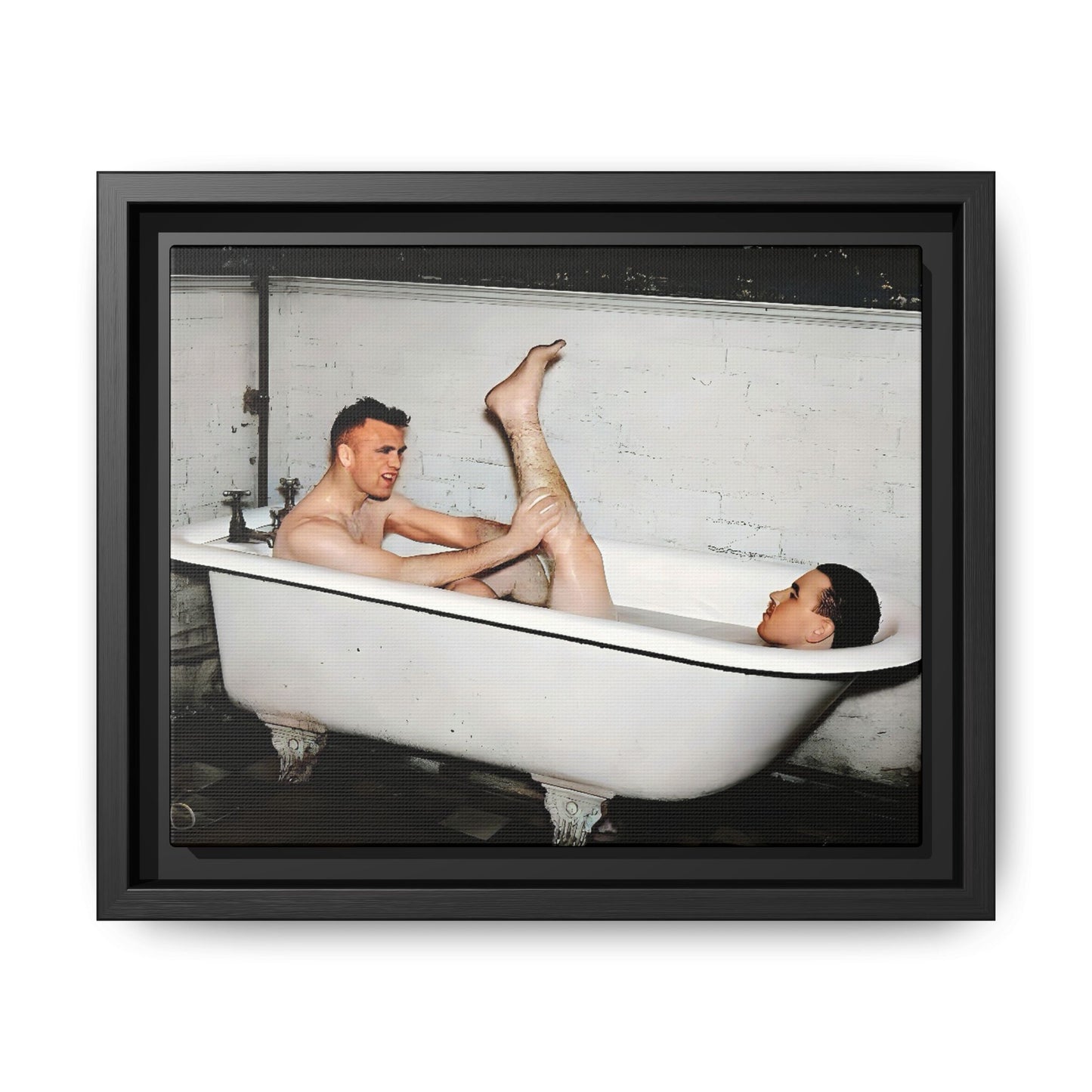 Restored vintage photo of Leon & Michael, a playful gay couple in a clawfoot bathtub, early 20th century, framed canvas.