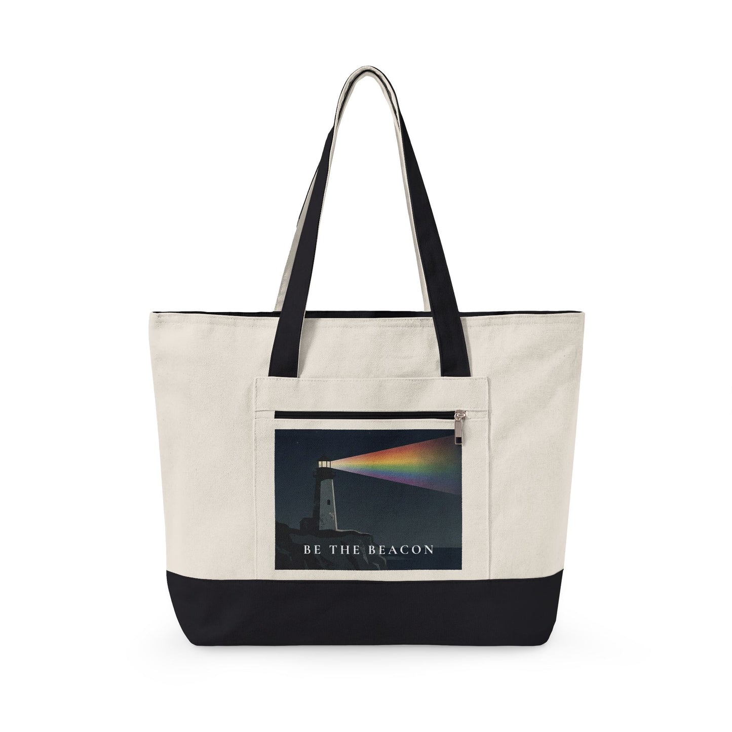 Be The Beacon lighthouse rainbow zippered canvas tote 