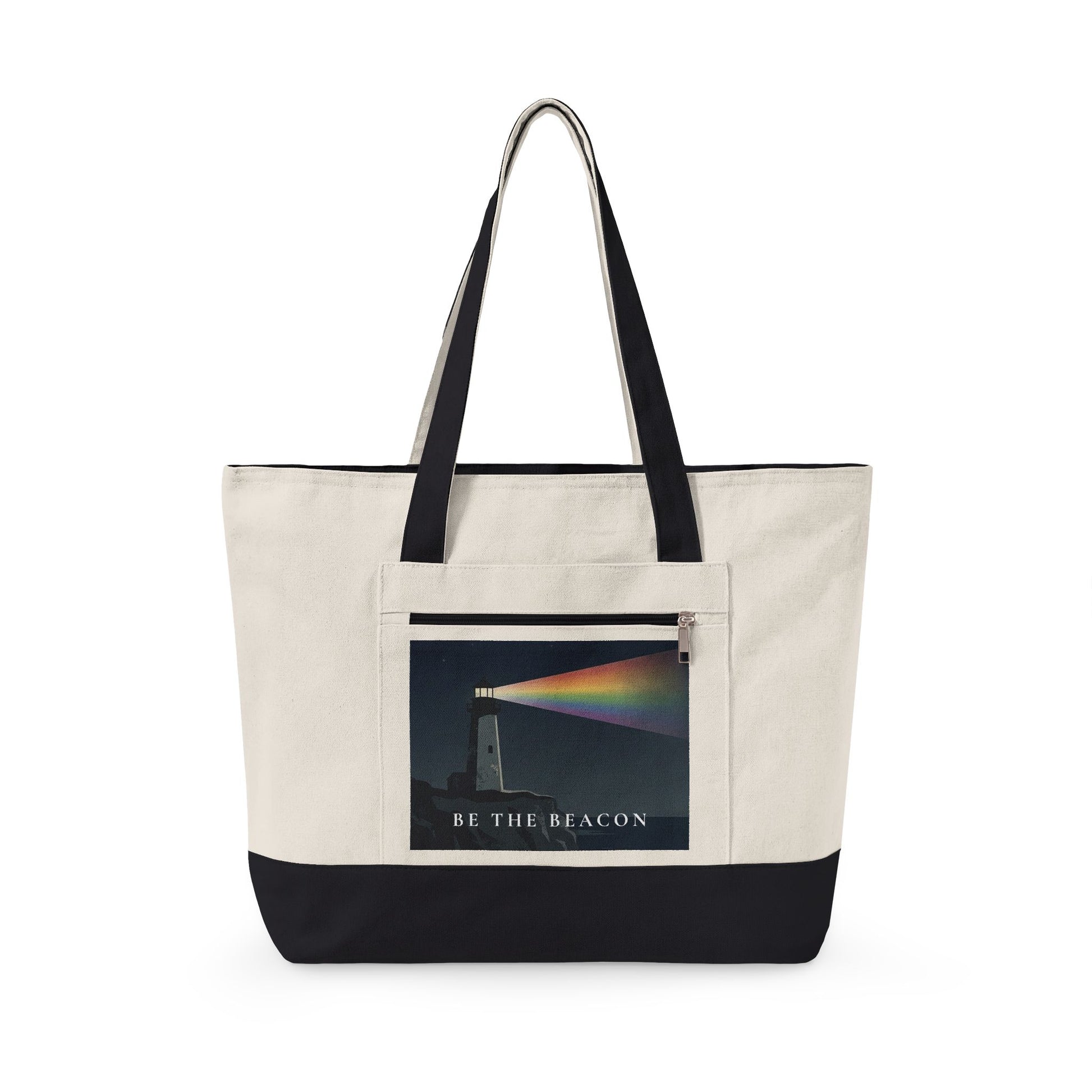 Be The Beacon lighthouse rainbow zippered canvas tote 