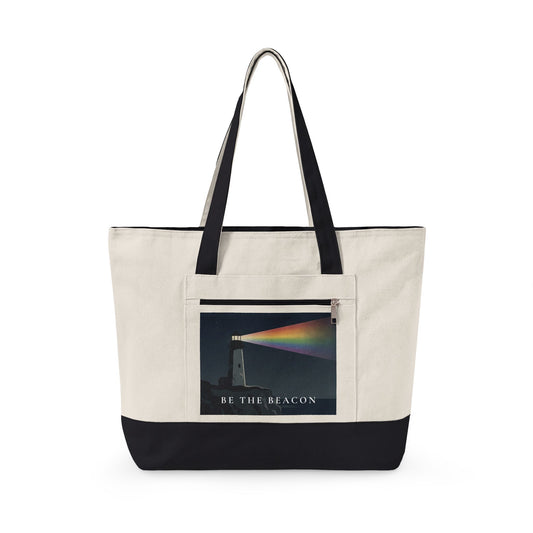 Be The Beacon lighthouse rainbow zippered canvas tote 