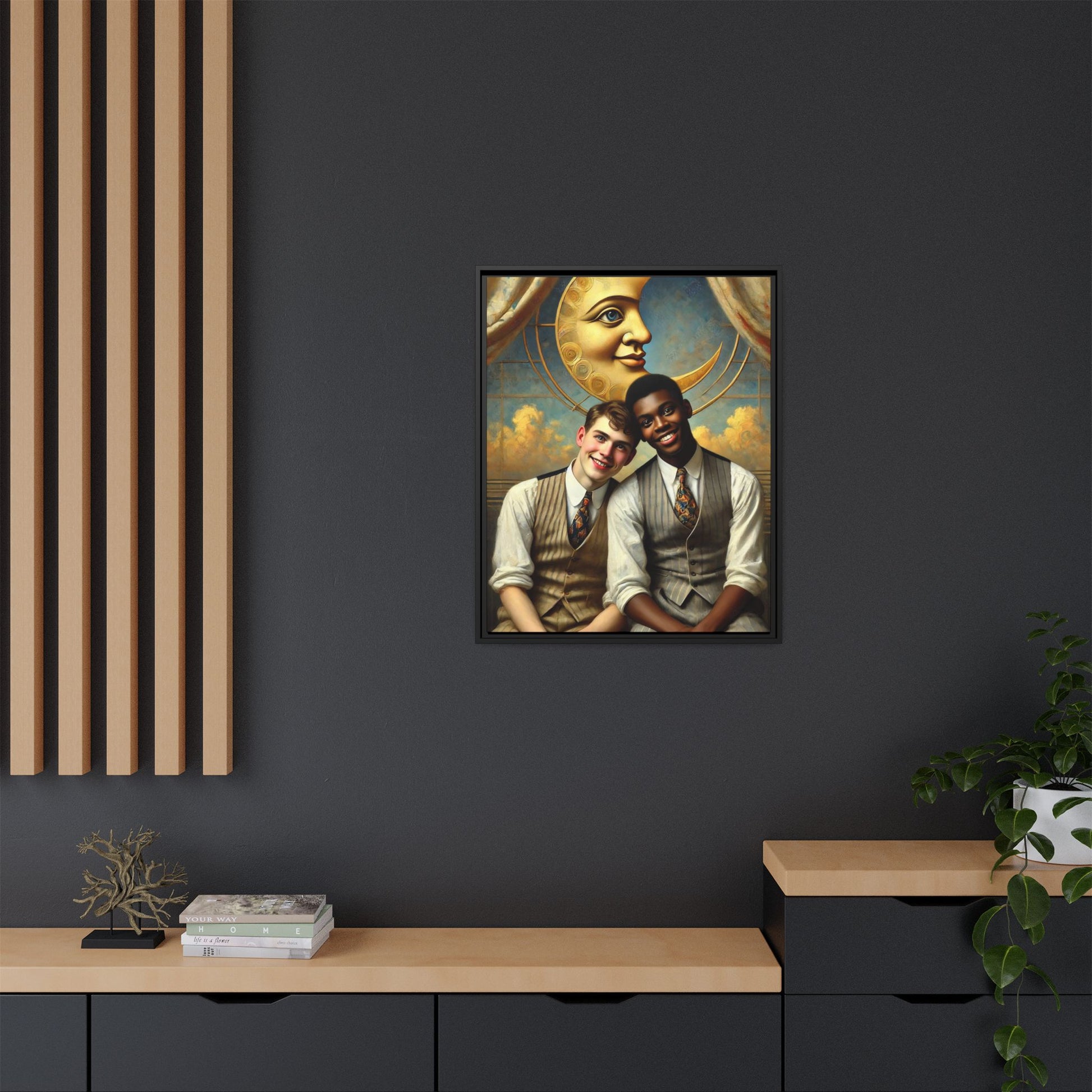 A vintage-style artwork showing a young interracial gay couple in 1920s attire sitting beneath a golden crescent moon with a serene expression. Their joyful closeness reclaims erased queer history and reflects the beauty of interracial love through a lens of tenderness and celebration.