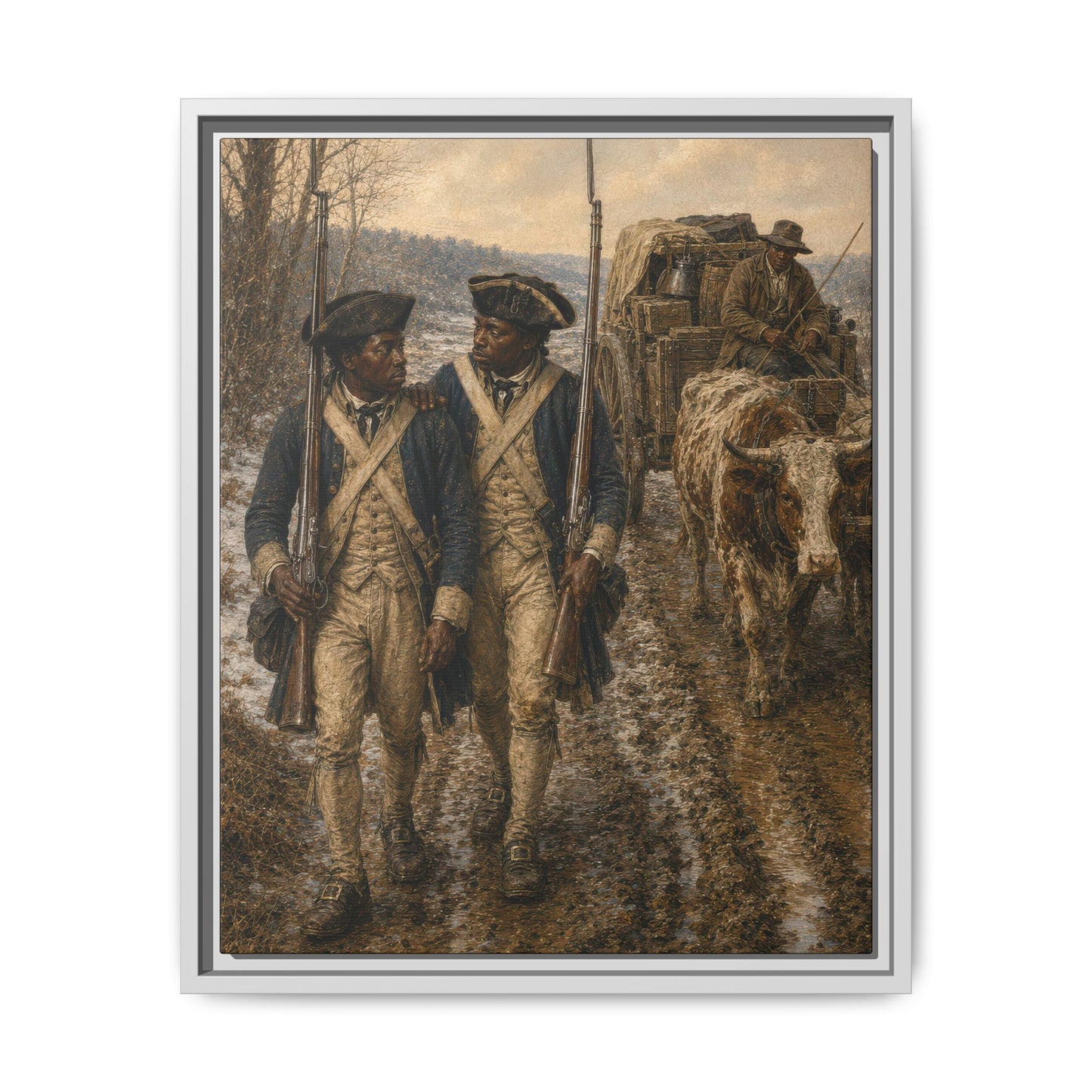 Framed matte canvas showing African American Continental Army soldiers walking beside an ox team and supply wagon.