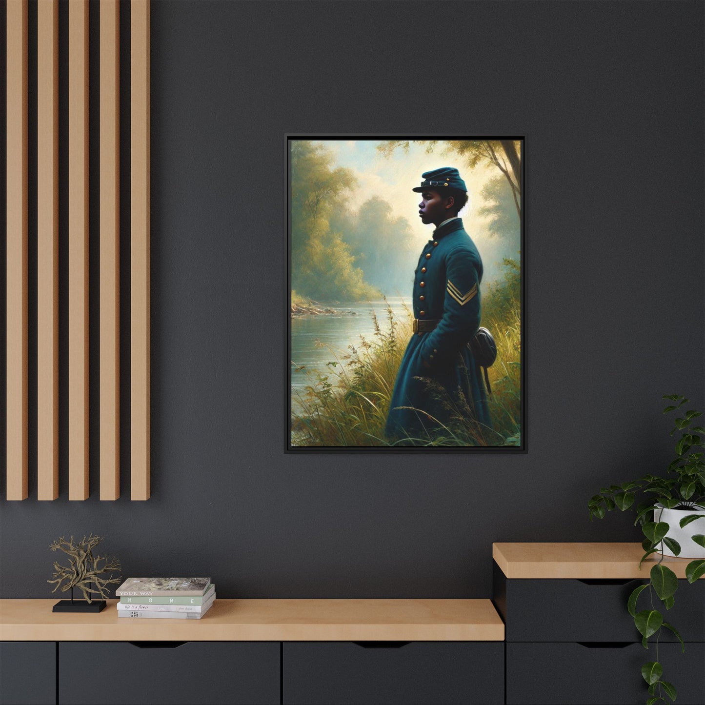 Portrait of an African American Union soldier standing solemnly by a riverside, inspired by Walt Whitman’s Leaves of Grass and Drum-Taps, honoring sacrifice, resilience, and history. Grant Wood Inspired