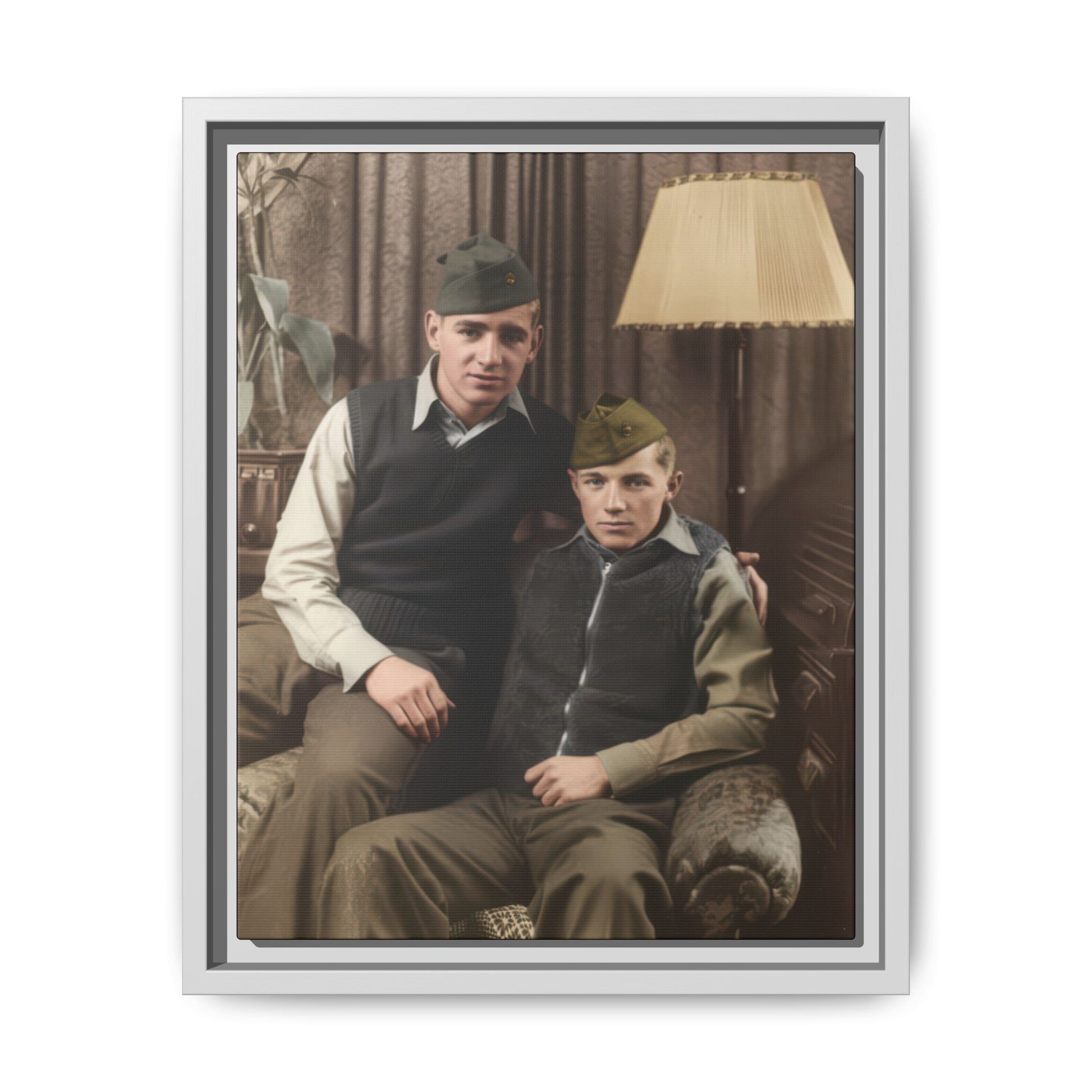 Museum-style archival photo reproduction of a mid-century interior portrait with military dress details