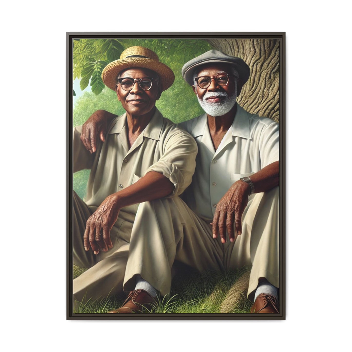 Framed artwork of a gay African-American couple in Cedar Rapids, Iowa, 1930s, celebrating love and resilience.