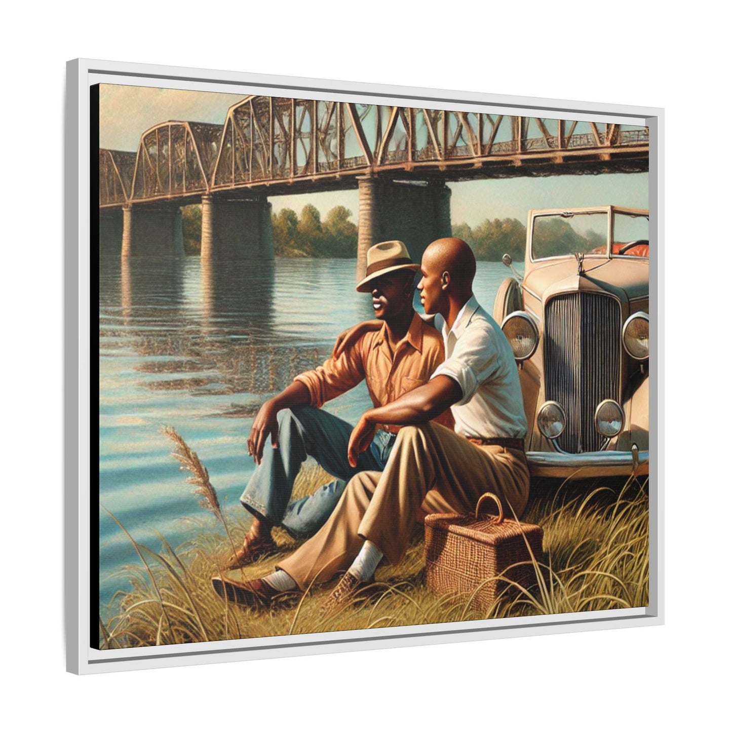 Vintage-style painting of an African-American gay couple in the 1930s by the Mississippi River with a Packard car, celebrating love and resilience.