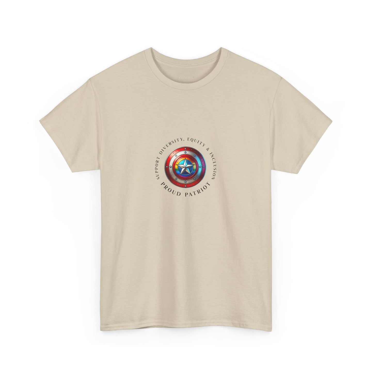 Vibrant DEI shield design on a unisex t-shirt celebrating diversity, equity, inclusion, and patriotism with a rainbow and star emblem.