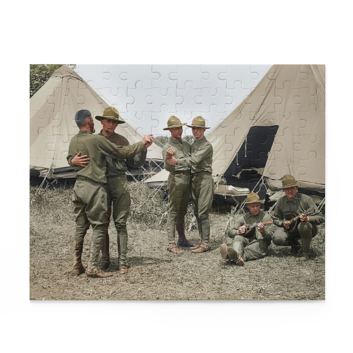 Source artwork for a jigsaw puzzle showing four men dancing and two musicians beside canvas tents, in olive clothing and campaign hats.
