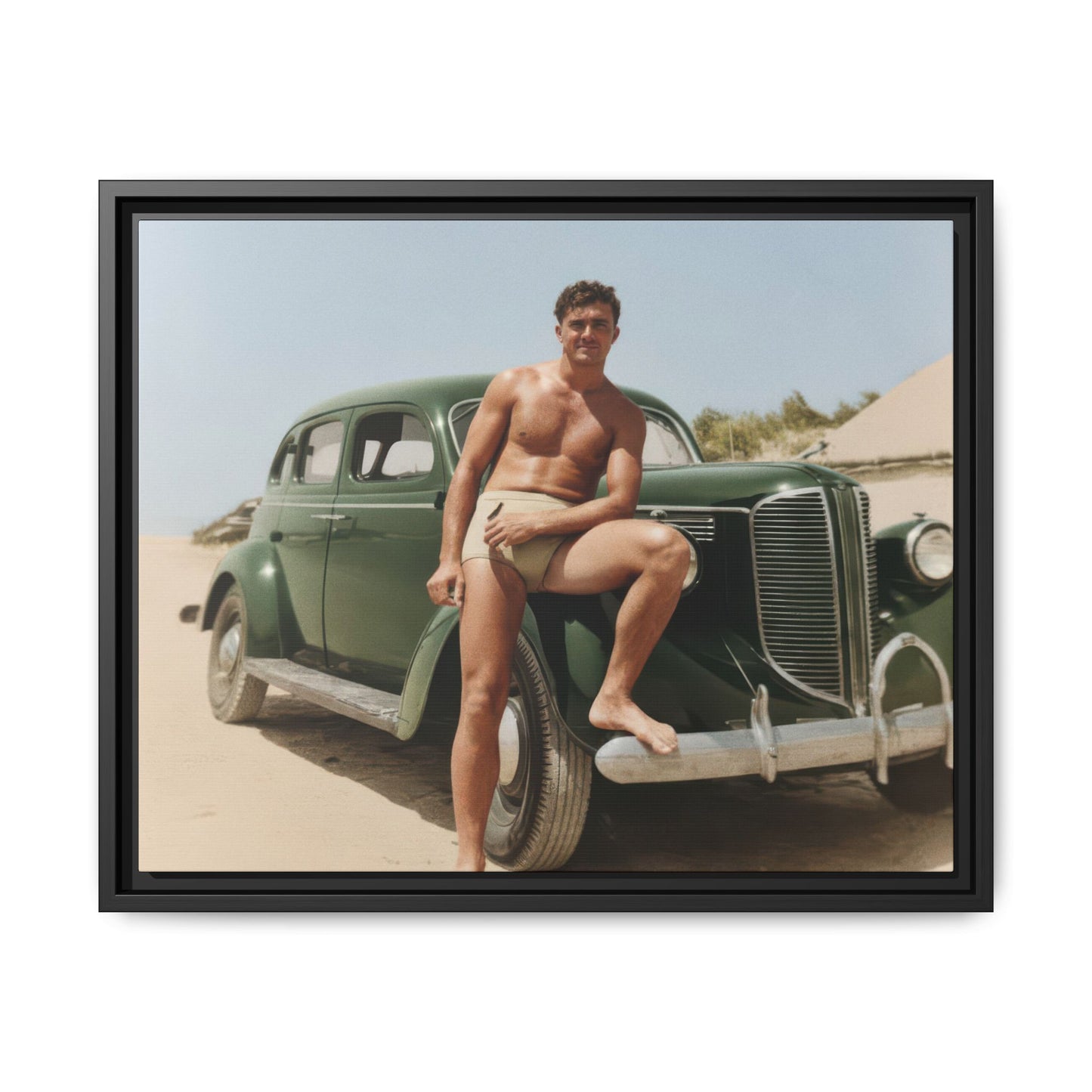 Historical beach portrait with classic car reproduced as framed canvas wall art 