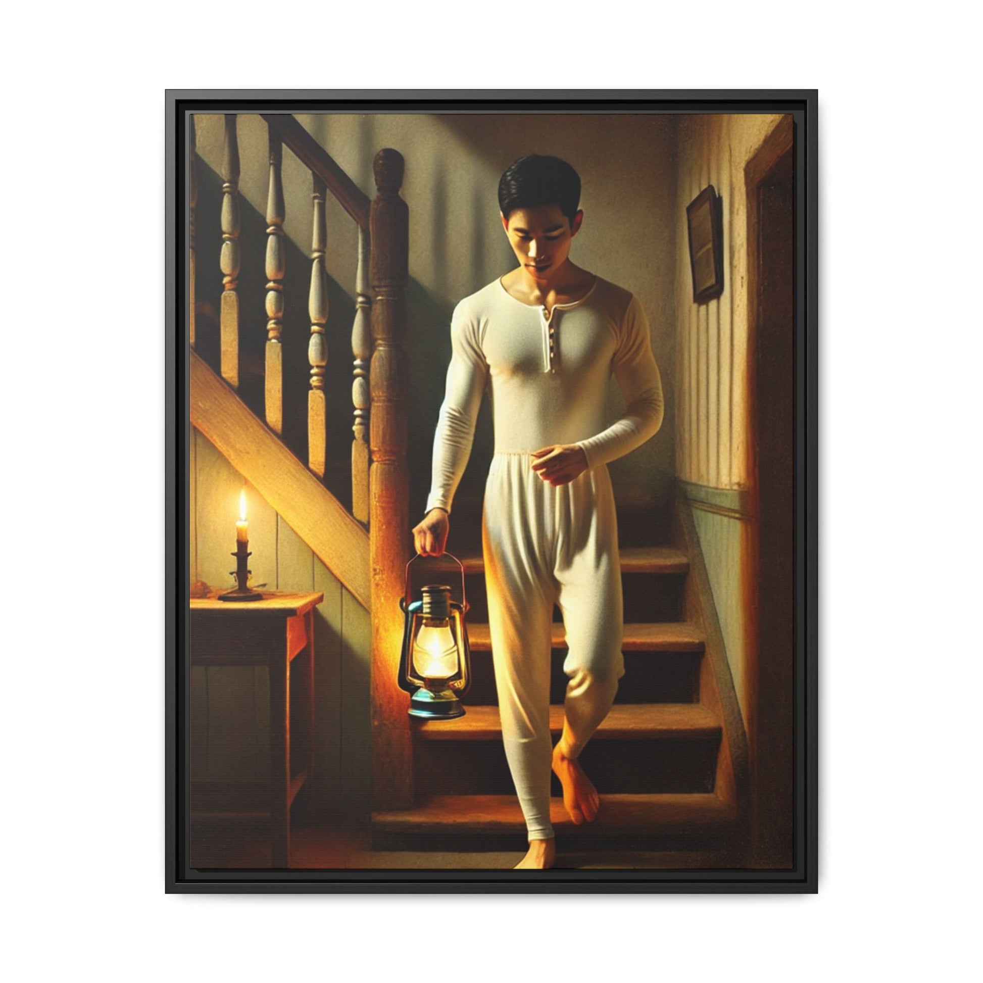 Framed artwork of an Asian-American man wearing long johns underwear holding a lantern on a staircase, inspired by Grant Wood’s style.